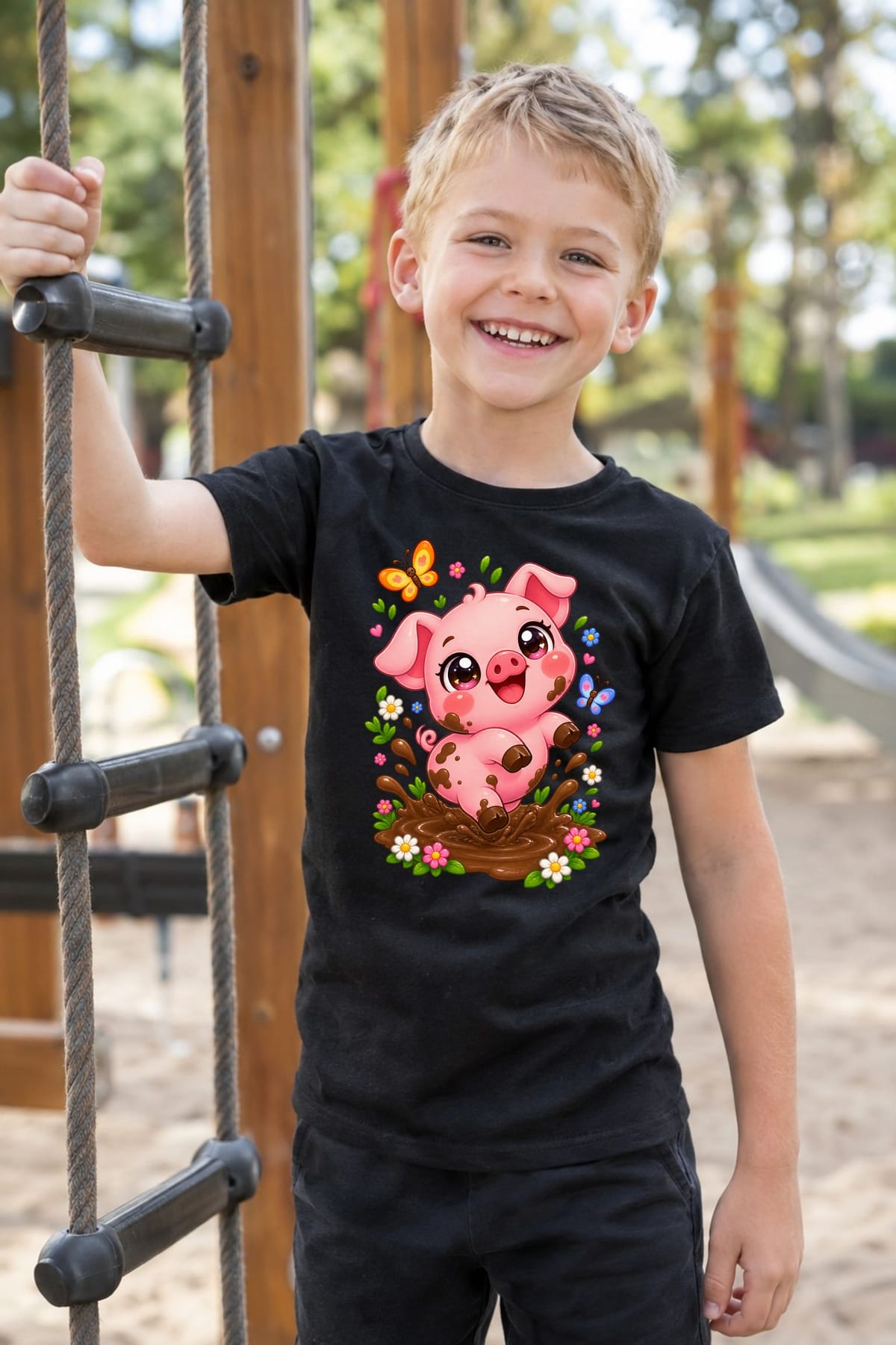 Koszulka ze świnką dla chłopca czarna słodki styl kawaii, zdjęcie 8