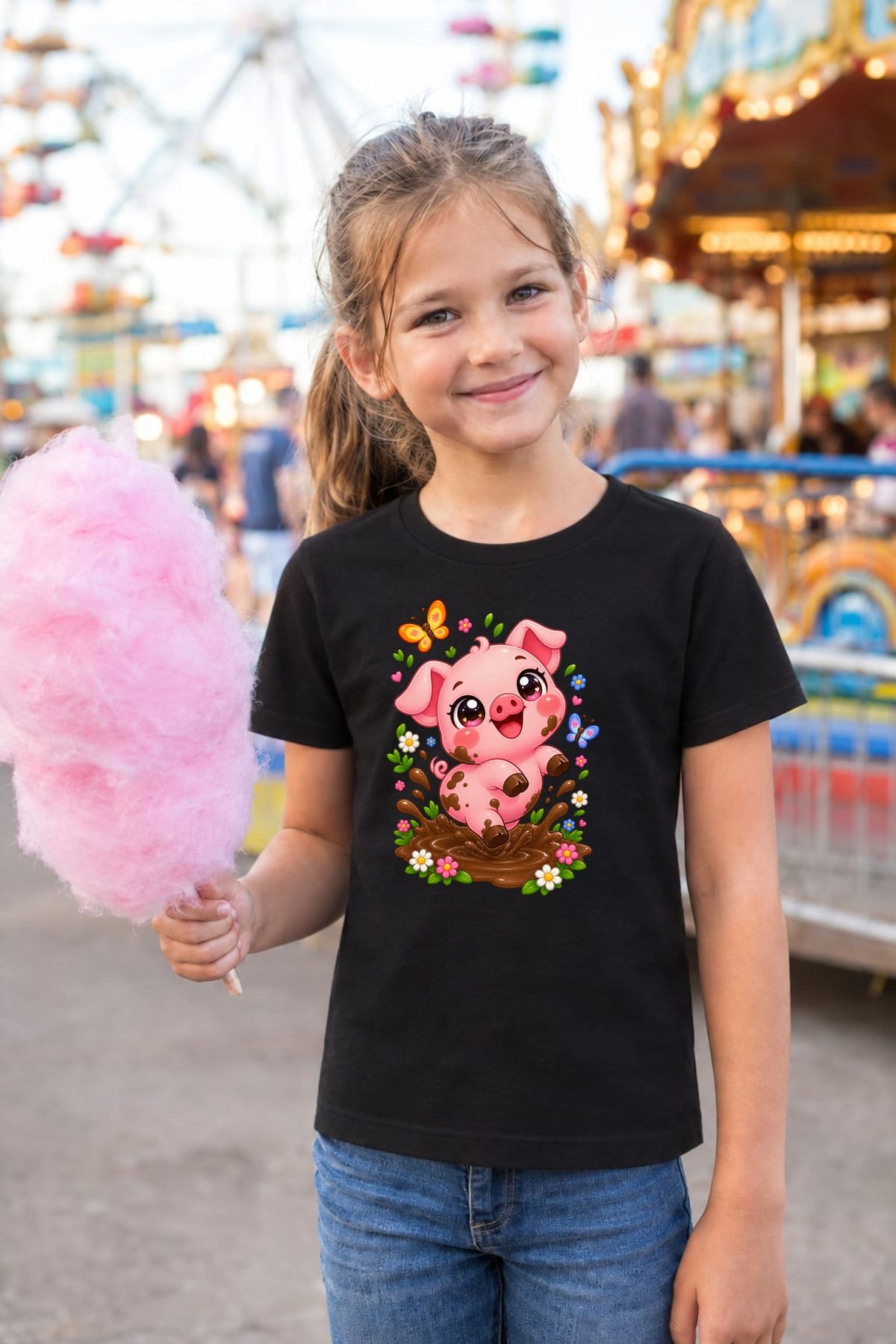 Koszulka ze świnką dla dziewczynki czarna słodki styl kawaii, zdjęcie 4