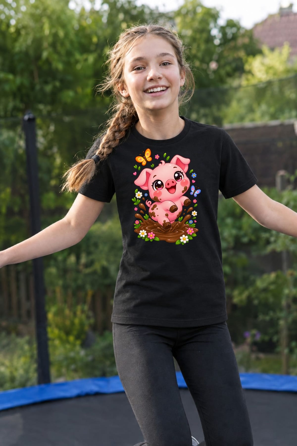 Koszulka ze świnką dla dziewczynki czarna słodki styl kawaii, zdjęcie 5