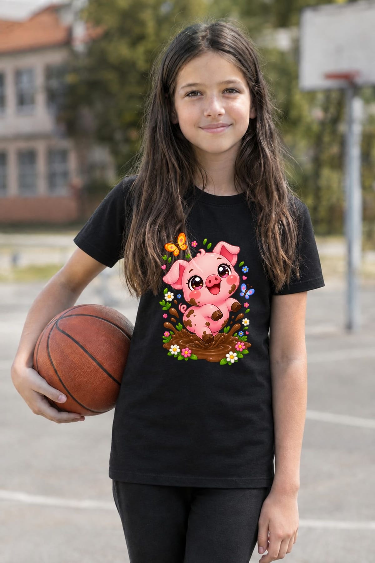 Koszulka ze świnką dla dziewczynki czarna słodki styl kawaii, zdjęcie 6