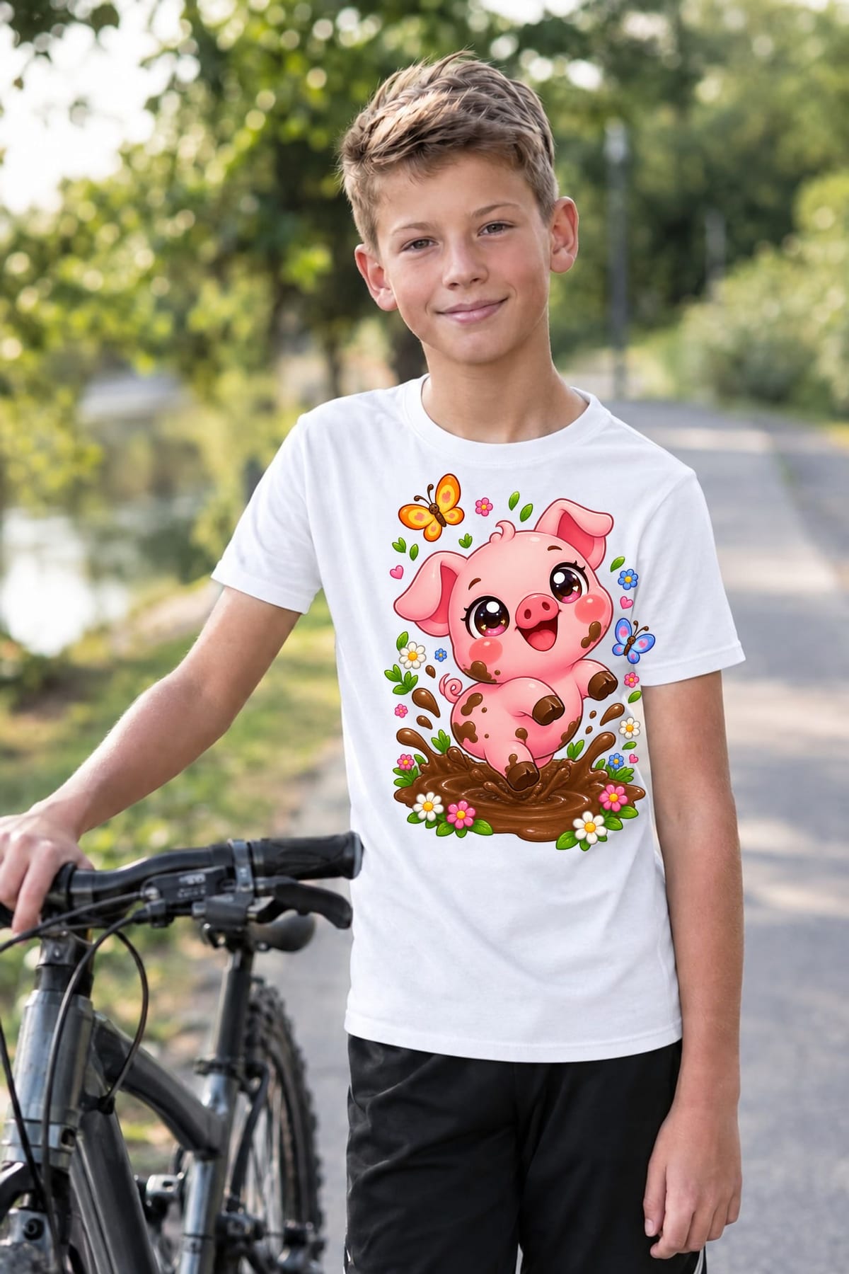 Koszulka ze świnką dla chłopca biała słodki styl kawaii, zdjęcie 3