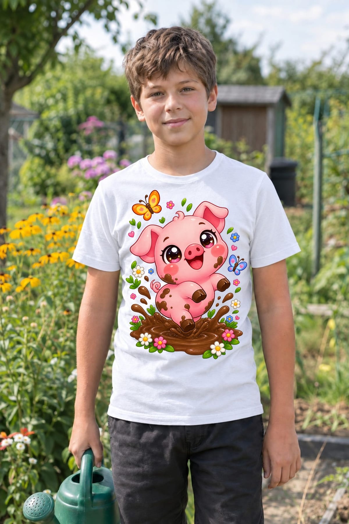 Koszulka ze świnką dla chłopca biała słodki styl kawaii, zdjęcie 4