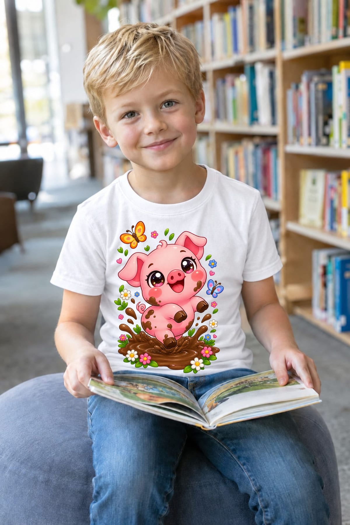 Koszulka ze świnką dla chłopca biała słodki styl kawaii, zdjęcie 5
