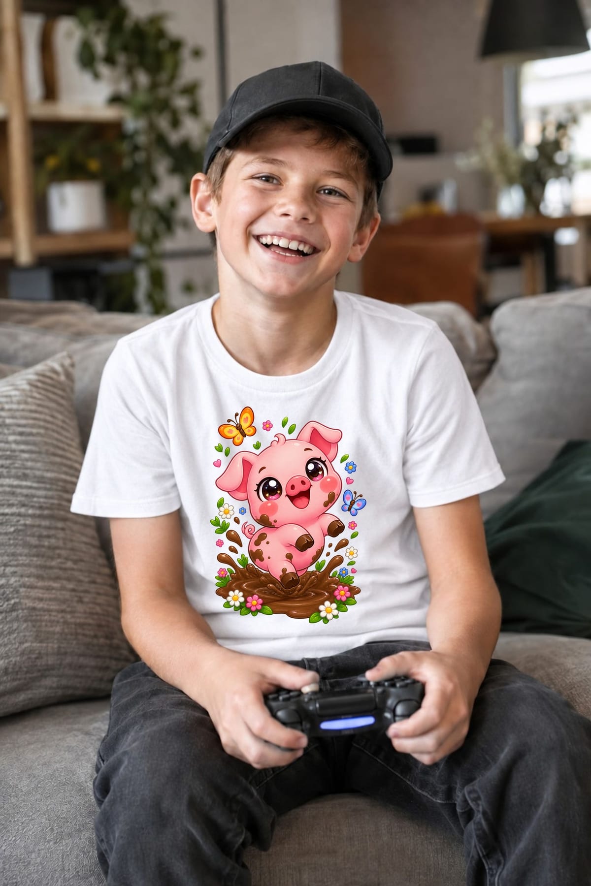 Koszulka ze świnką dla chłopca biała słodki styl kawaii, zdjęcie 8