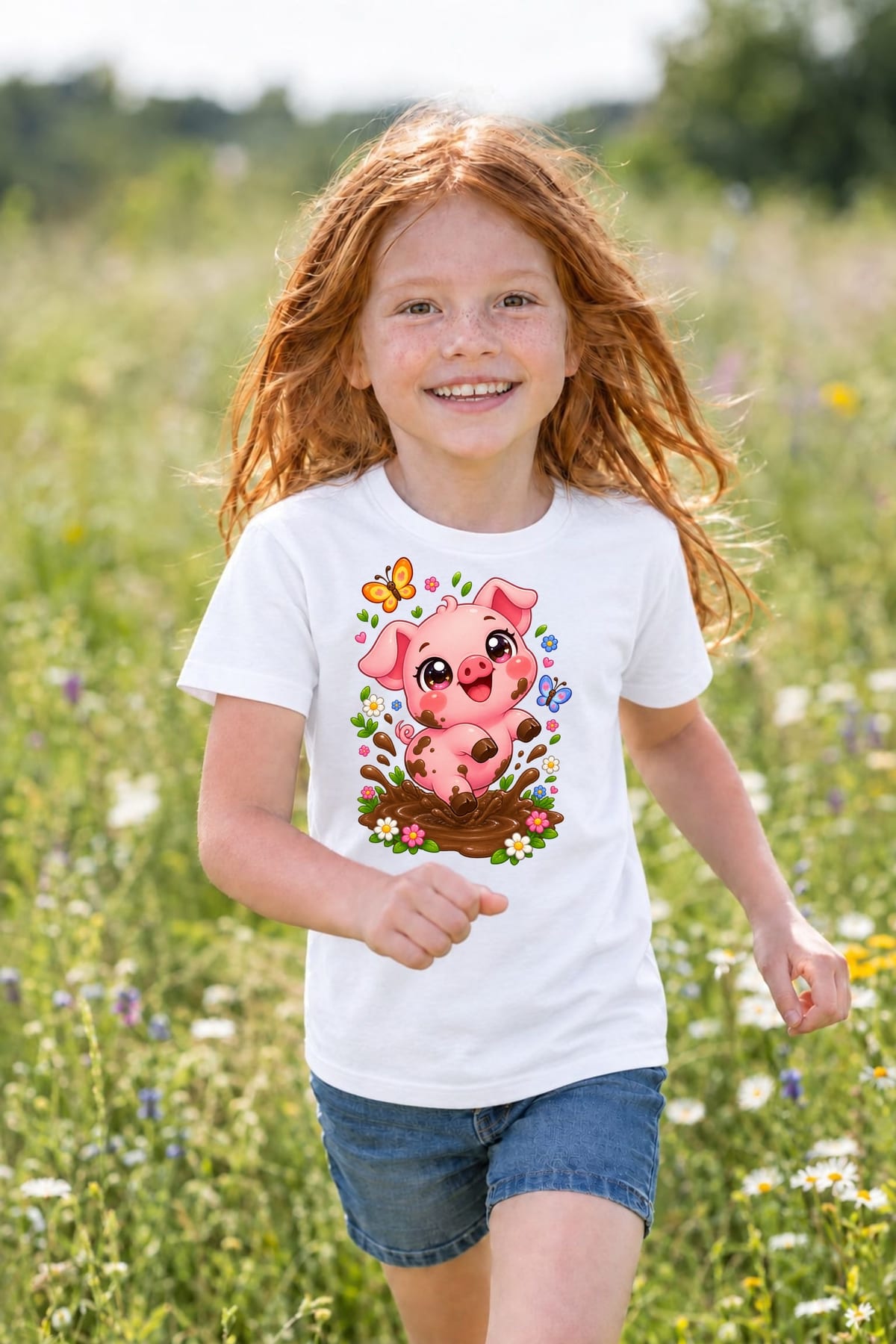 Koszulka ze świnką dla dziewczynki biała słodki styl kawaii, zdjęcie 5