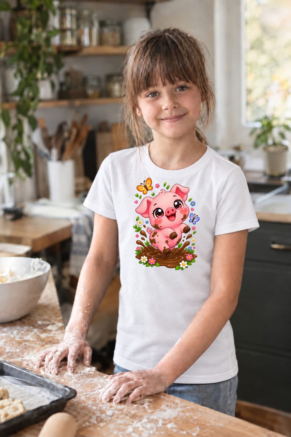 Koszulka ze świnką dla dziewczynki biała słodki styl kawaii, zdjęcie 7