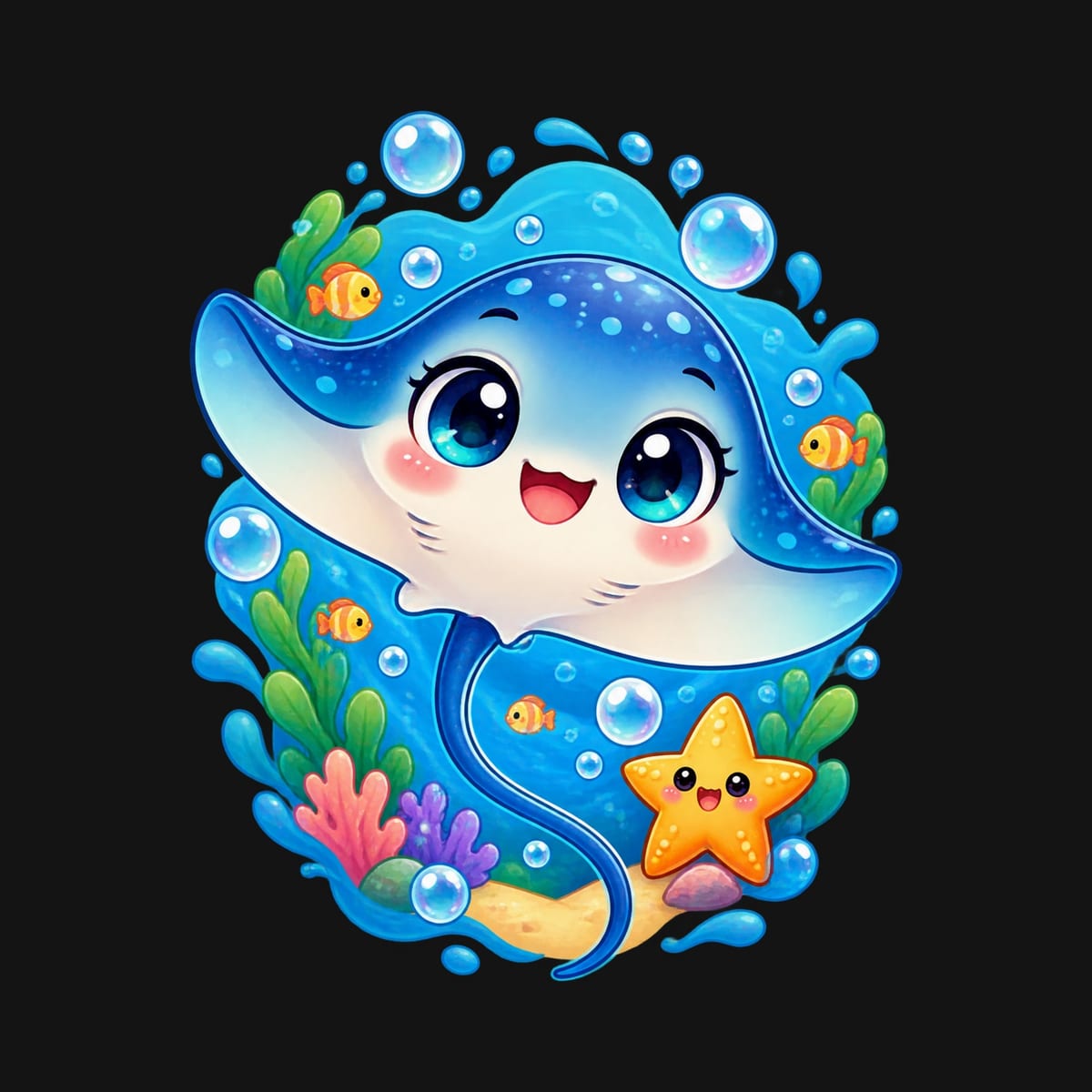 Koszulka dziecięca z płaszczką dla chłopca czarna słodki kawaii, zdjęcie 2