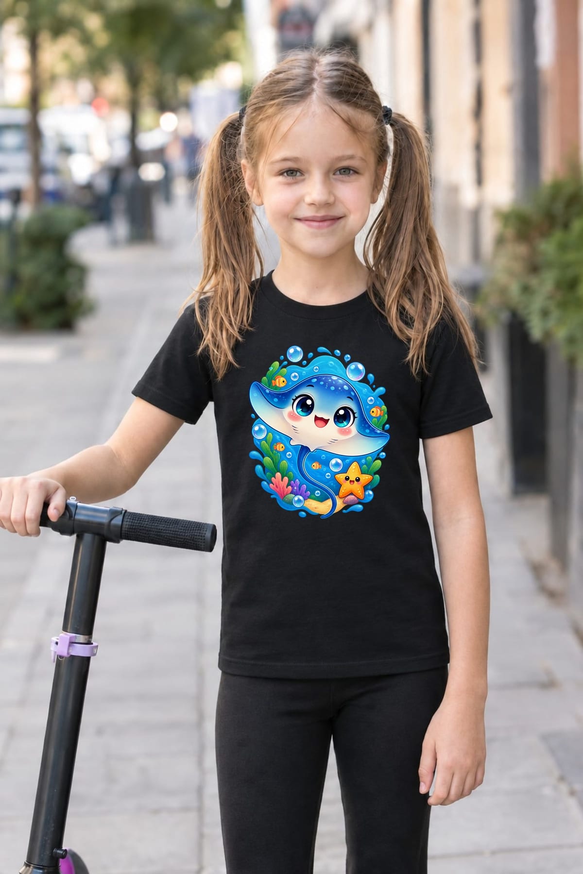 Koszulka dziecięca z płaszczką dla dziewczynki czarna kawaii, zdjęcie 3
