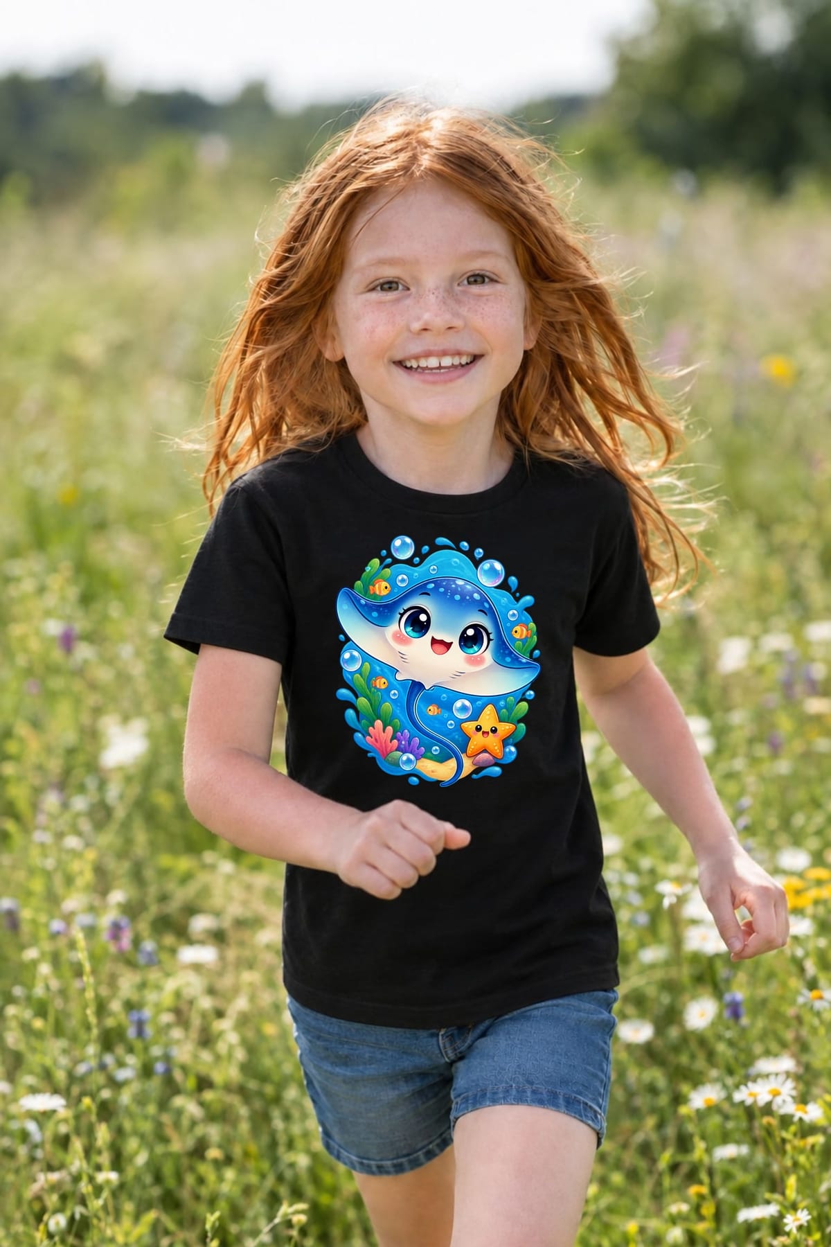 Koszulka dziecięca z płaszczką dla dziewczynki czarna kawaii, zdjęcie 4