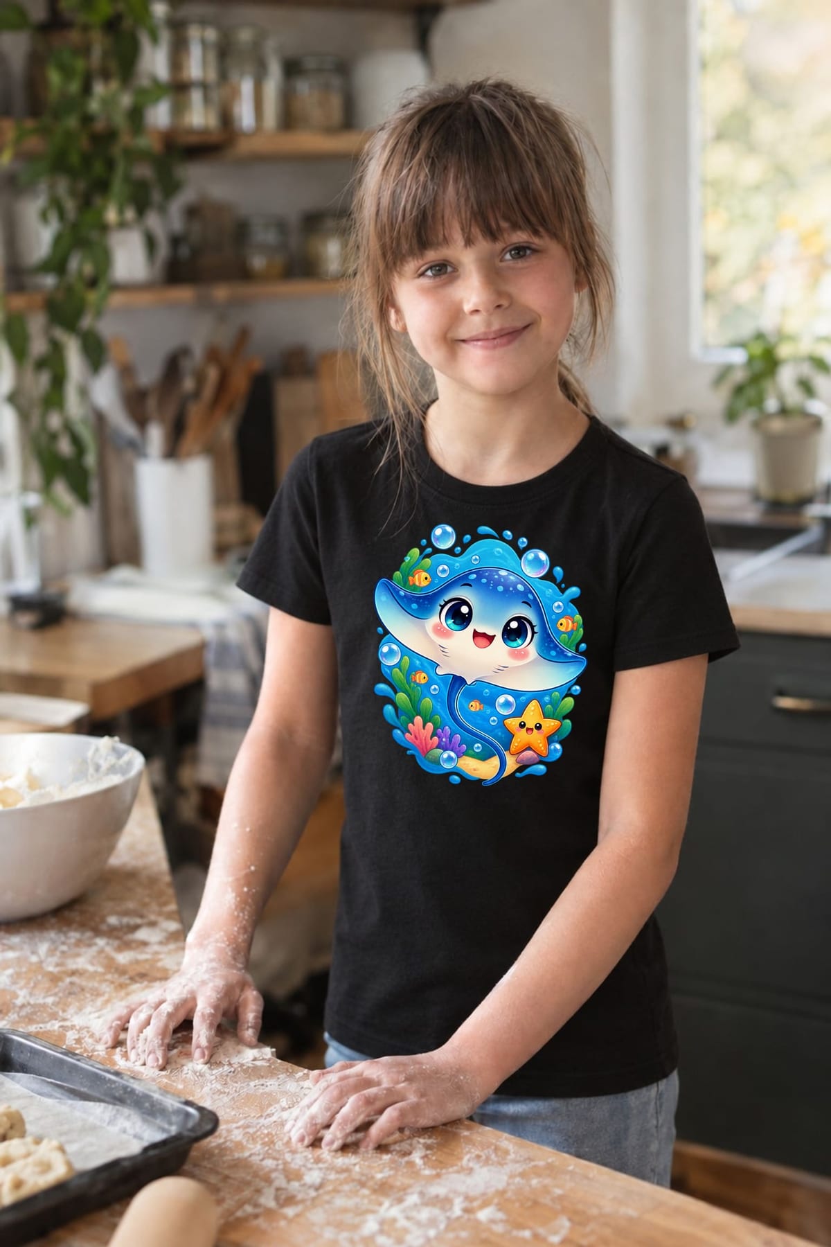 Koszulka dziecięca z płaszczką dla dziewczynki czarna kawaii, zdjęcie 5
