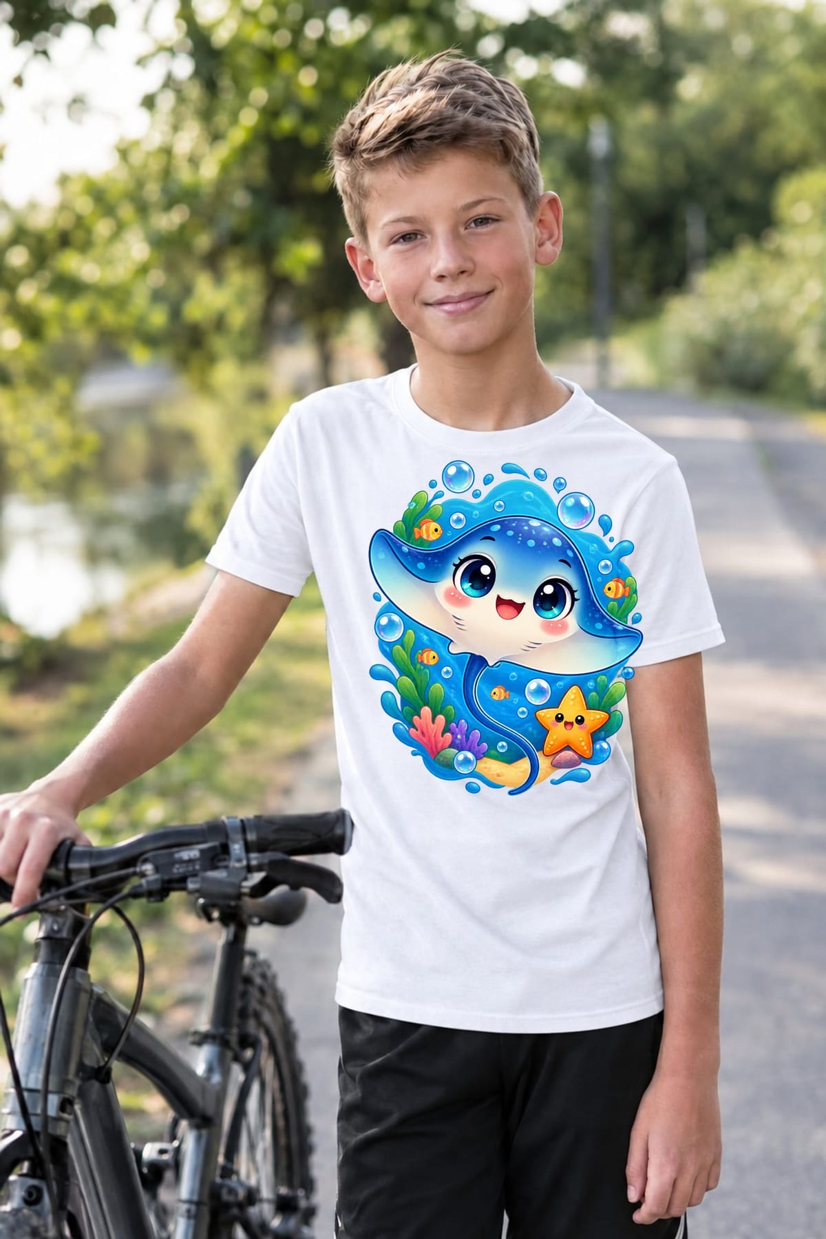 Koszulka dziecięca z płaszczką dla chłopca biała słodki kawaii, zdjęcie 7