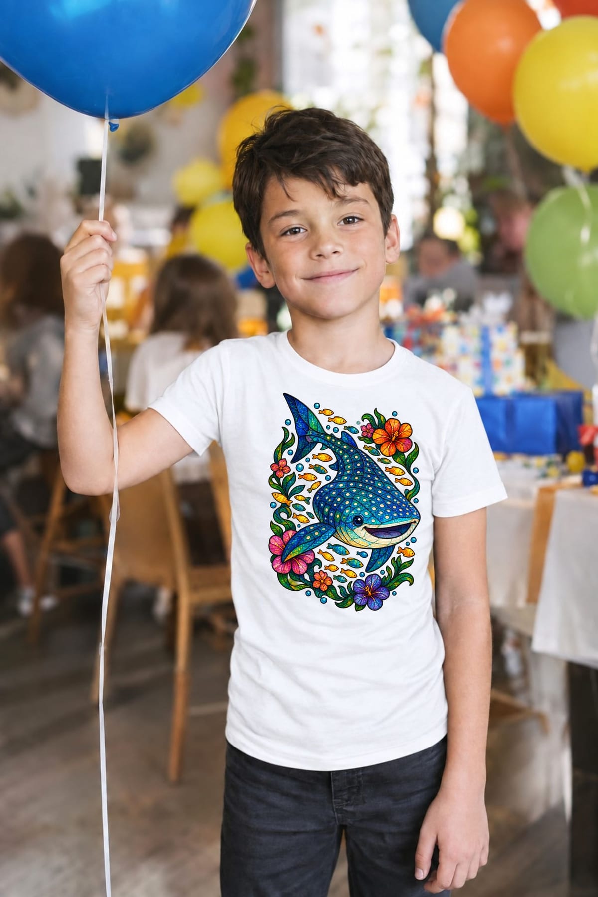 Koszulka z rekinem wielorybim dla chłopca biała witrażowa kompozycja, zdjęcie 6