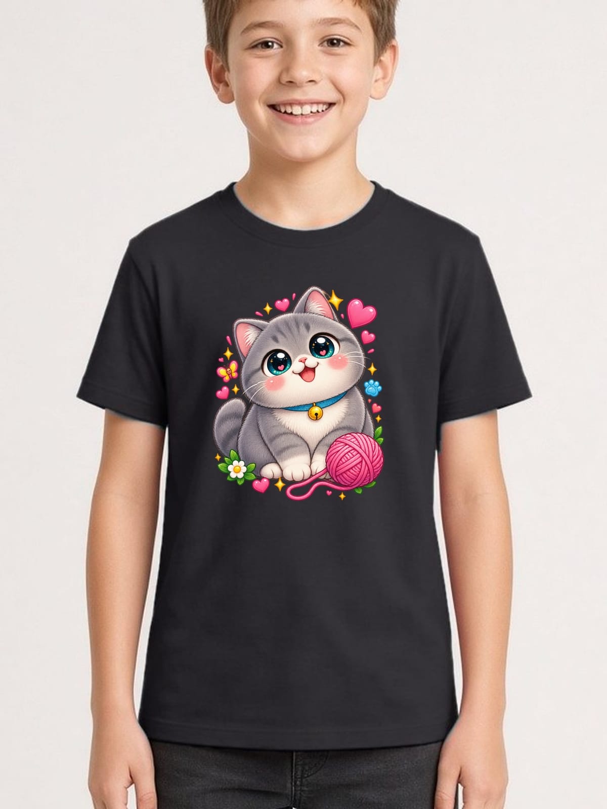 Koszulka z kotem brytyjskim dla chłopca czarna słodki kawaii, zdjęcie 1