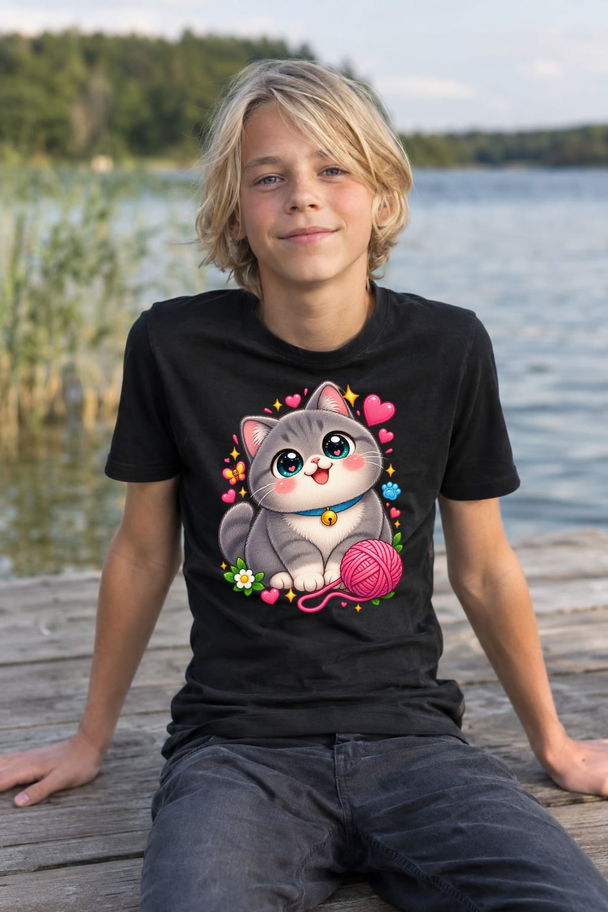 Koszulka z kotem brytyjskim dla chłopca czarna słodki kawaii, zdjęcie 5