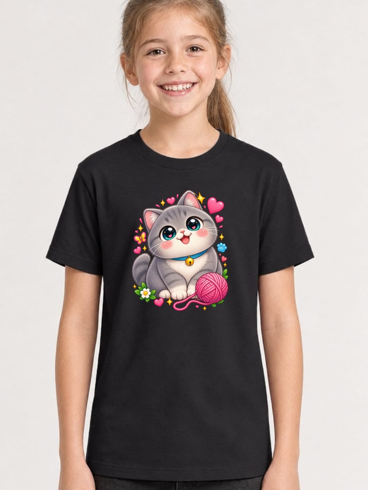 Koszulka z kotem brytyjskim dla dziewczynki czarna kawaii, zdjęcie 1