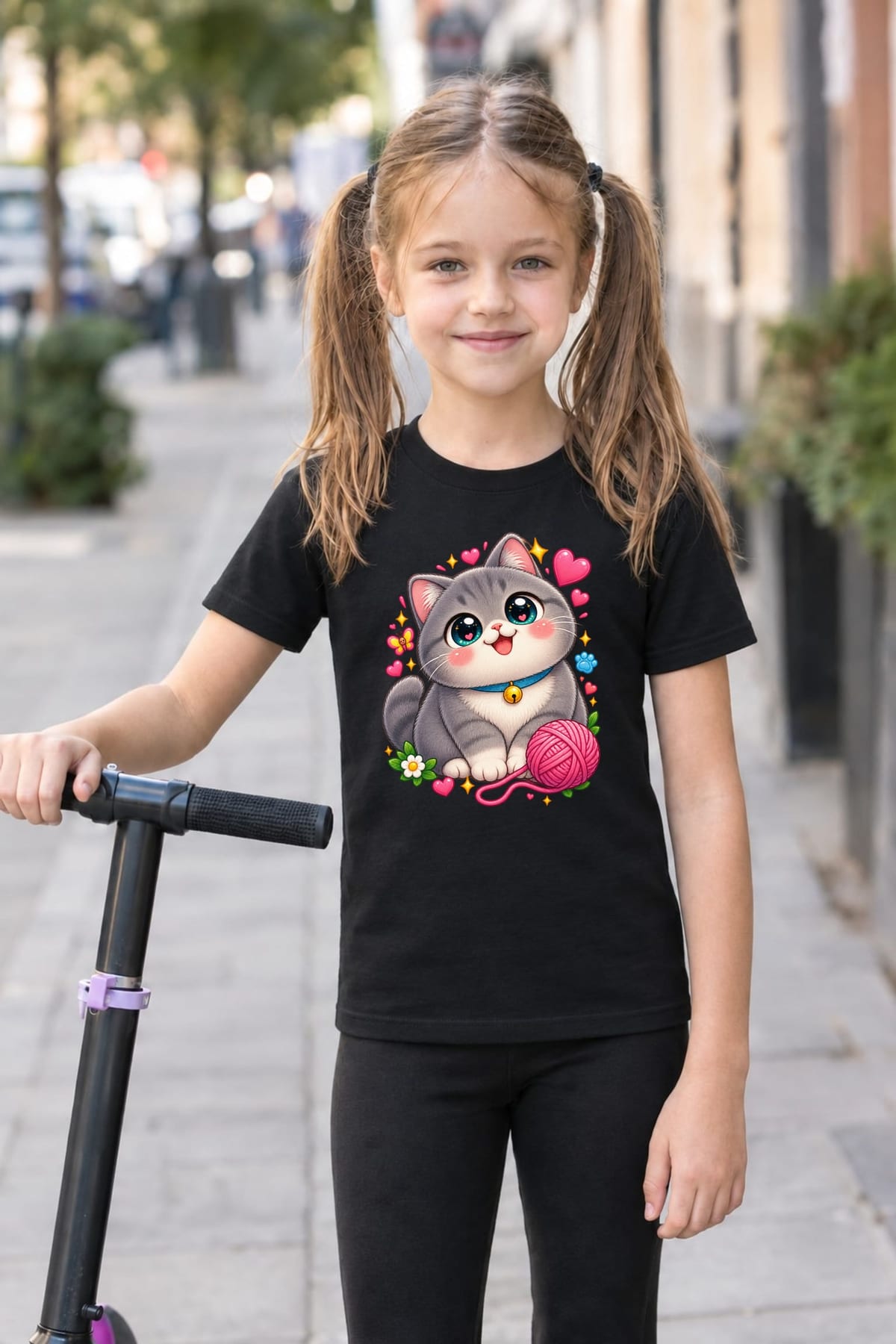 Koszulka z kotem brytyjskim dla dziewczynki czarna kawaii, zdjęcie 4