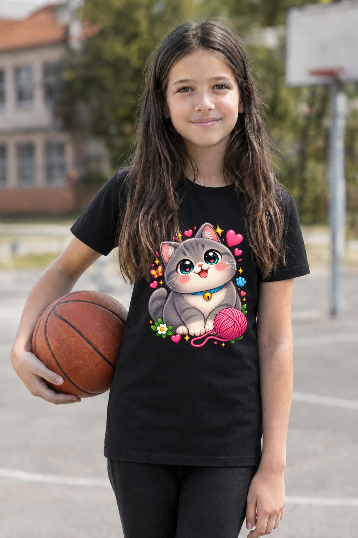 Koszulka z kotem brytyjskim dla dziewczynki czarna kawaii, zdjęcie 5