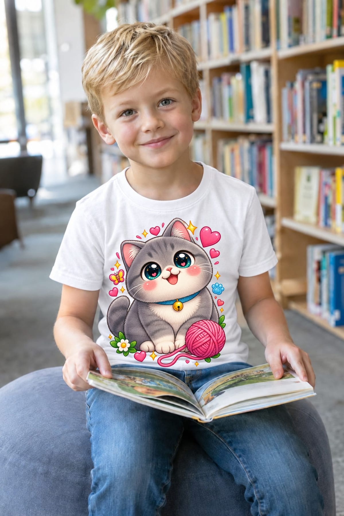 Koszulka z kotem brytyjskim dla chłopca biała słodki kawaii, zdjęcie 3