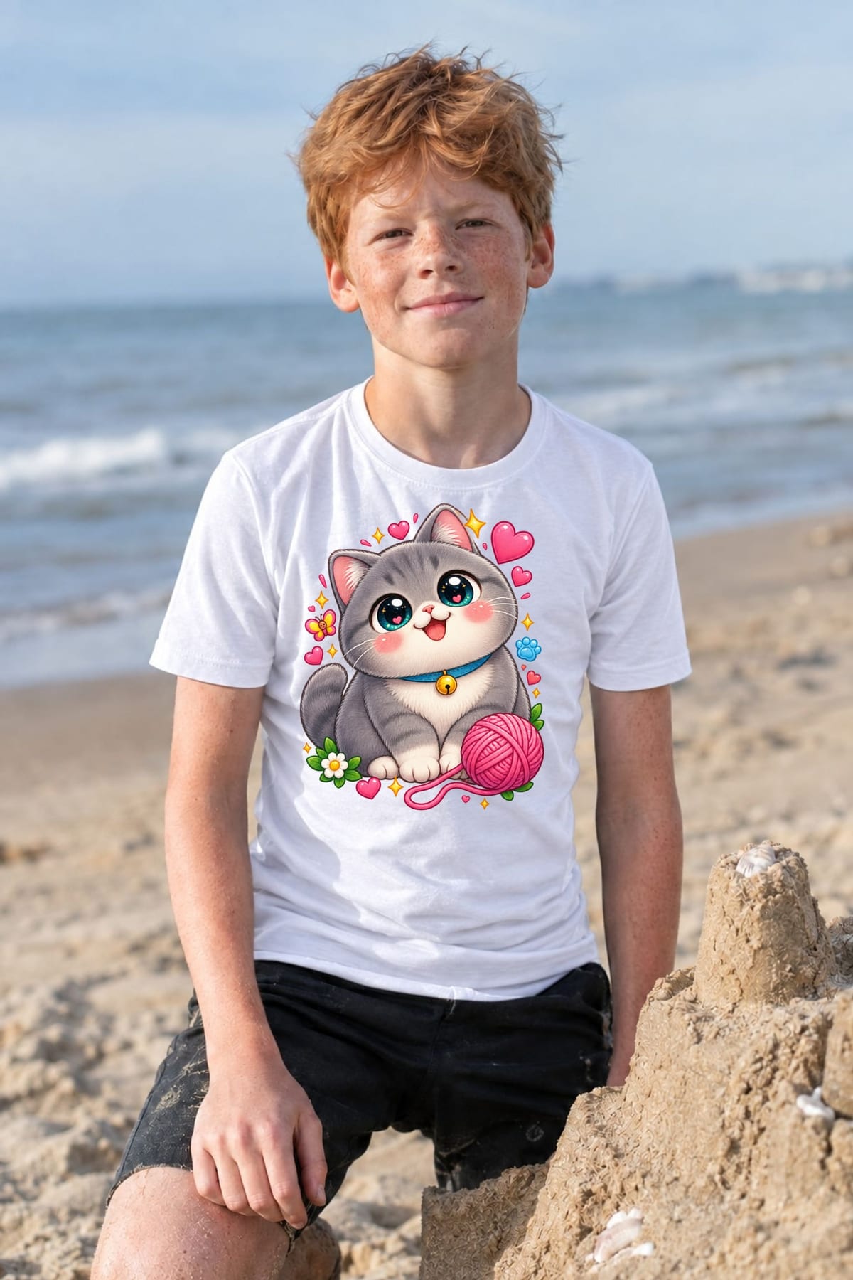 Koszulka z kotem brytyjskim dla chłopca biała słodki kawaii, zdjęcie 6