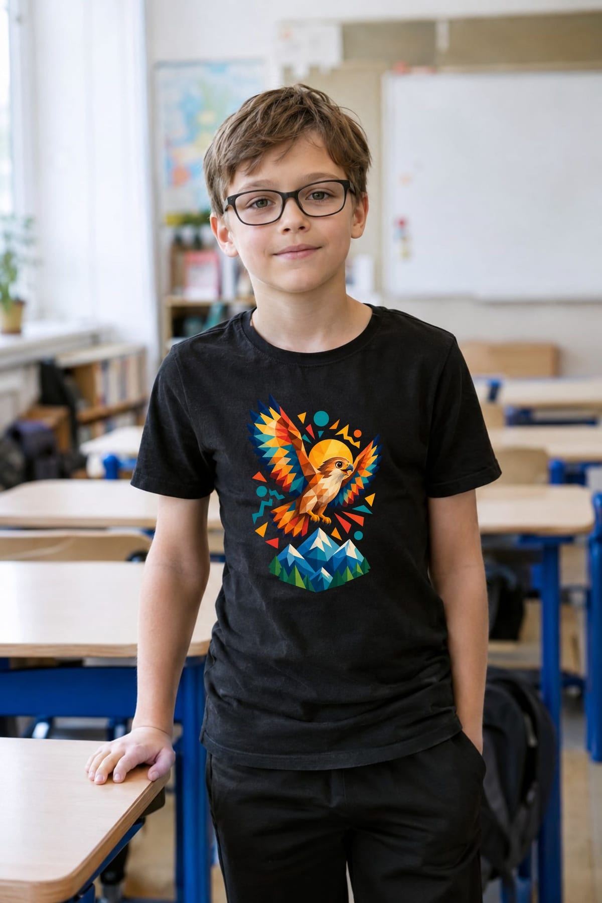 Koszulka dziecięca z jastrzębiem dla chłopca czarna geometryczna, zdjęcie 7