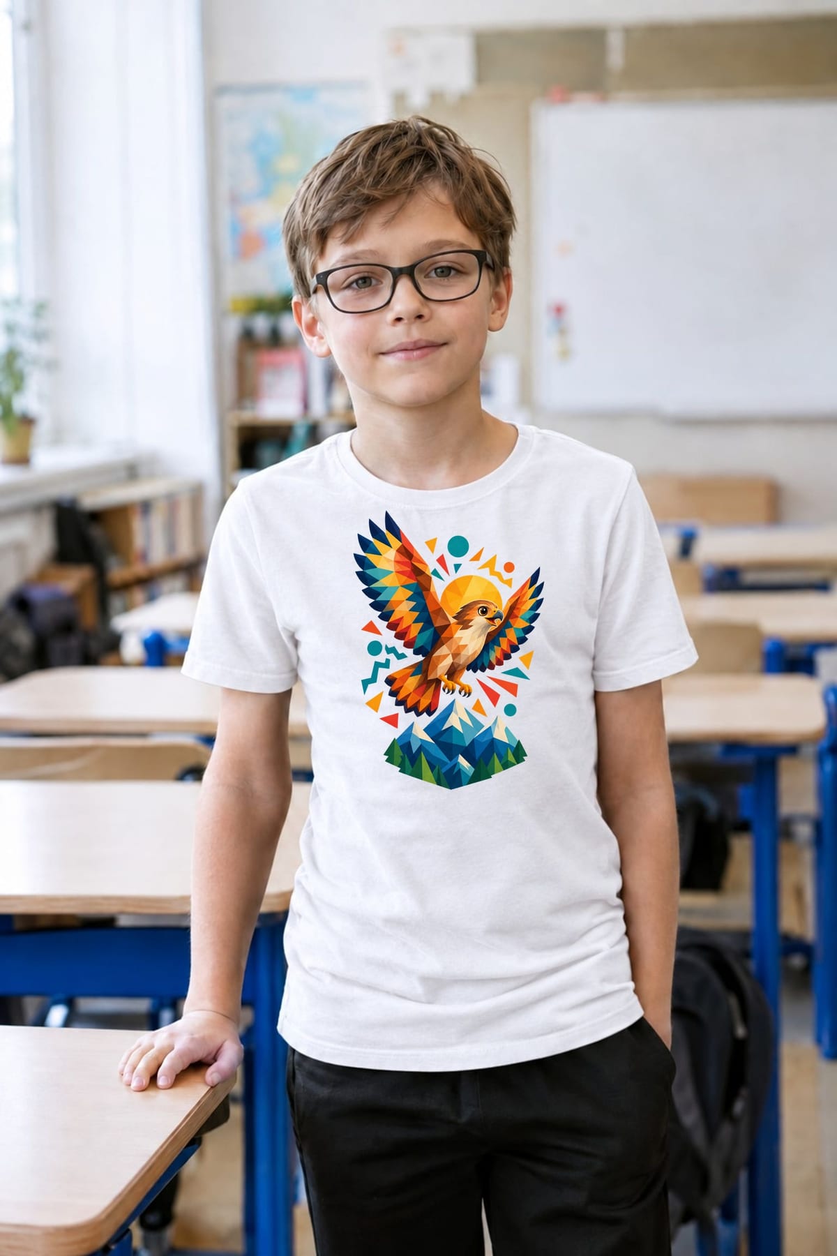 Koszulka dziecięca z jastrzębiem dla chłopca biała geometryczna, zdjęcie 7