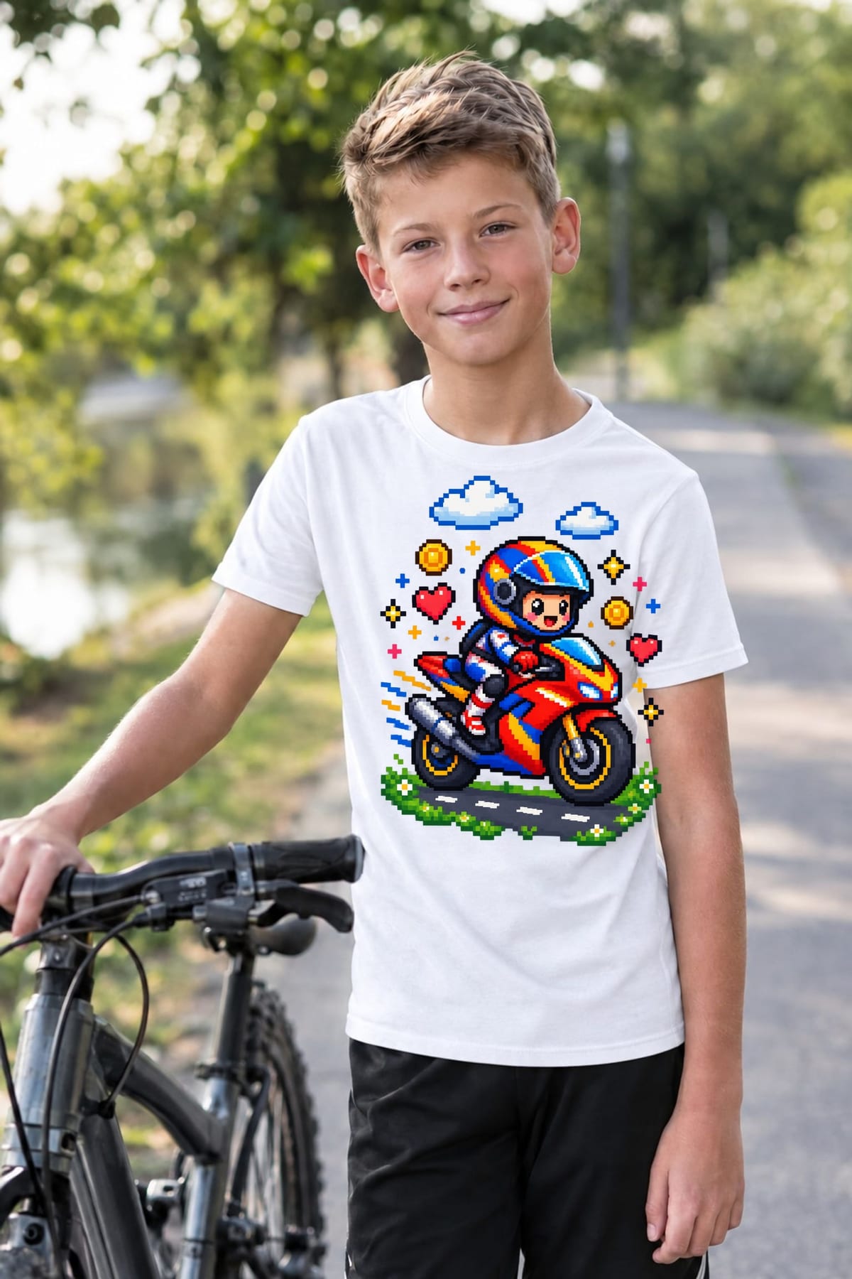 Koszulka dziecięca z motocyklem dla chłopca biała pixel art, zdjęcie 3