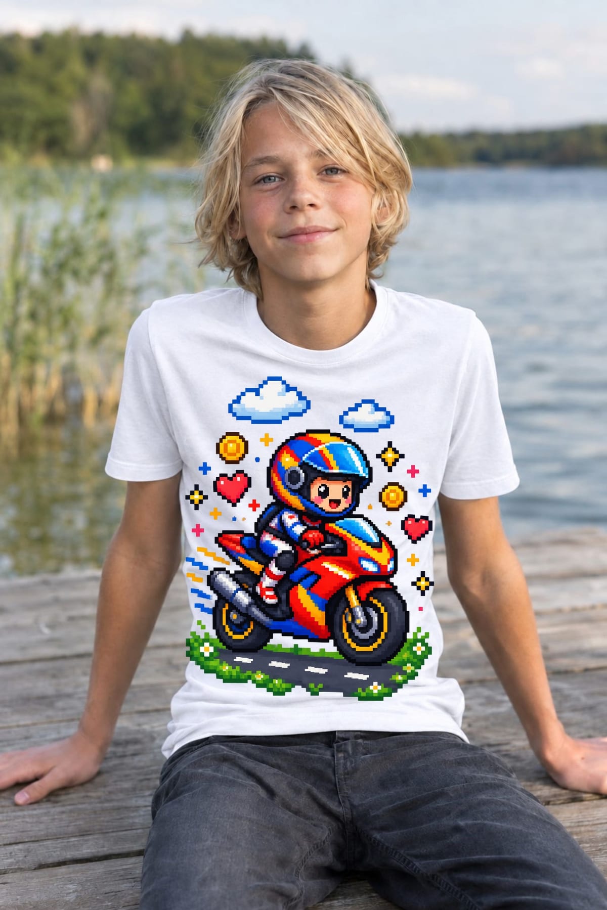 Koszulka dziecięca z motocyklem dla chłopca biała pixel art, zdjęcie 8
