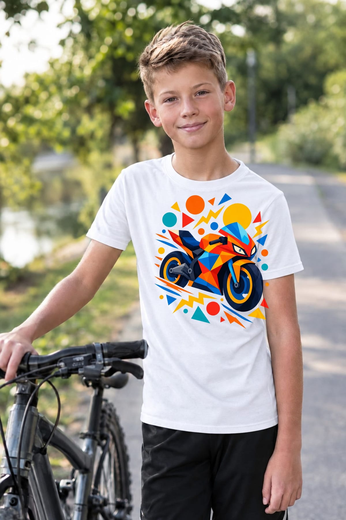 Koszulka z motocyklem dla chłopca biała geometryczne kształty, zdjęcie 7