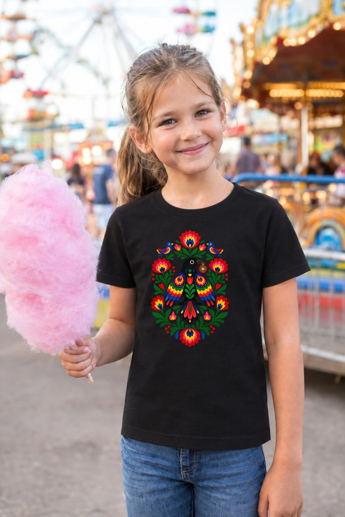 Koszulka z wroną dla dziewczynki czarna ludowa wycinanka, zdjęcie 7
