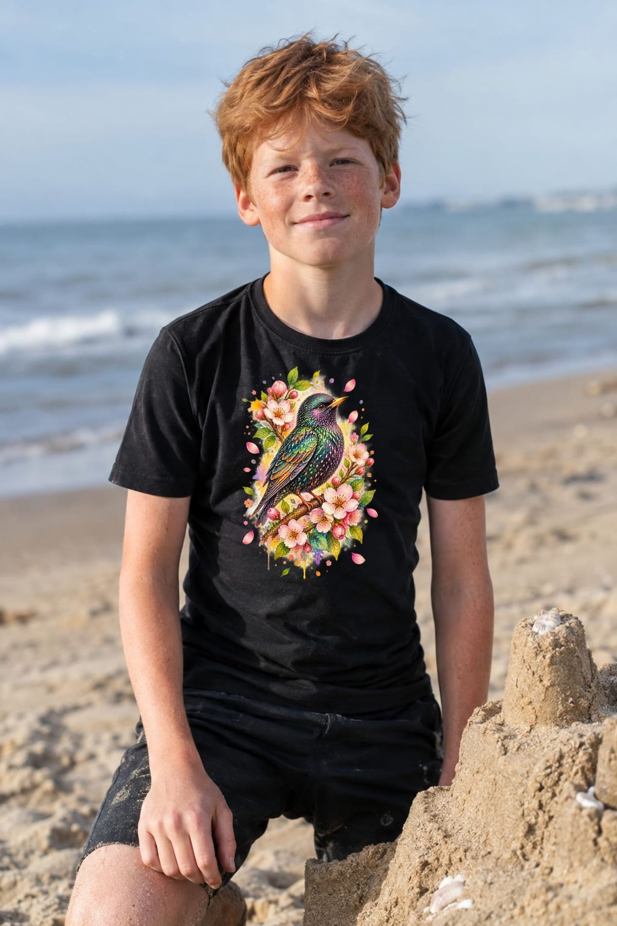 Koszulka ze szpakiem dla chłopca czarna akwarelowe barwy, zdjęcie 7