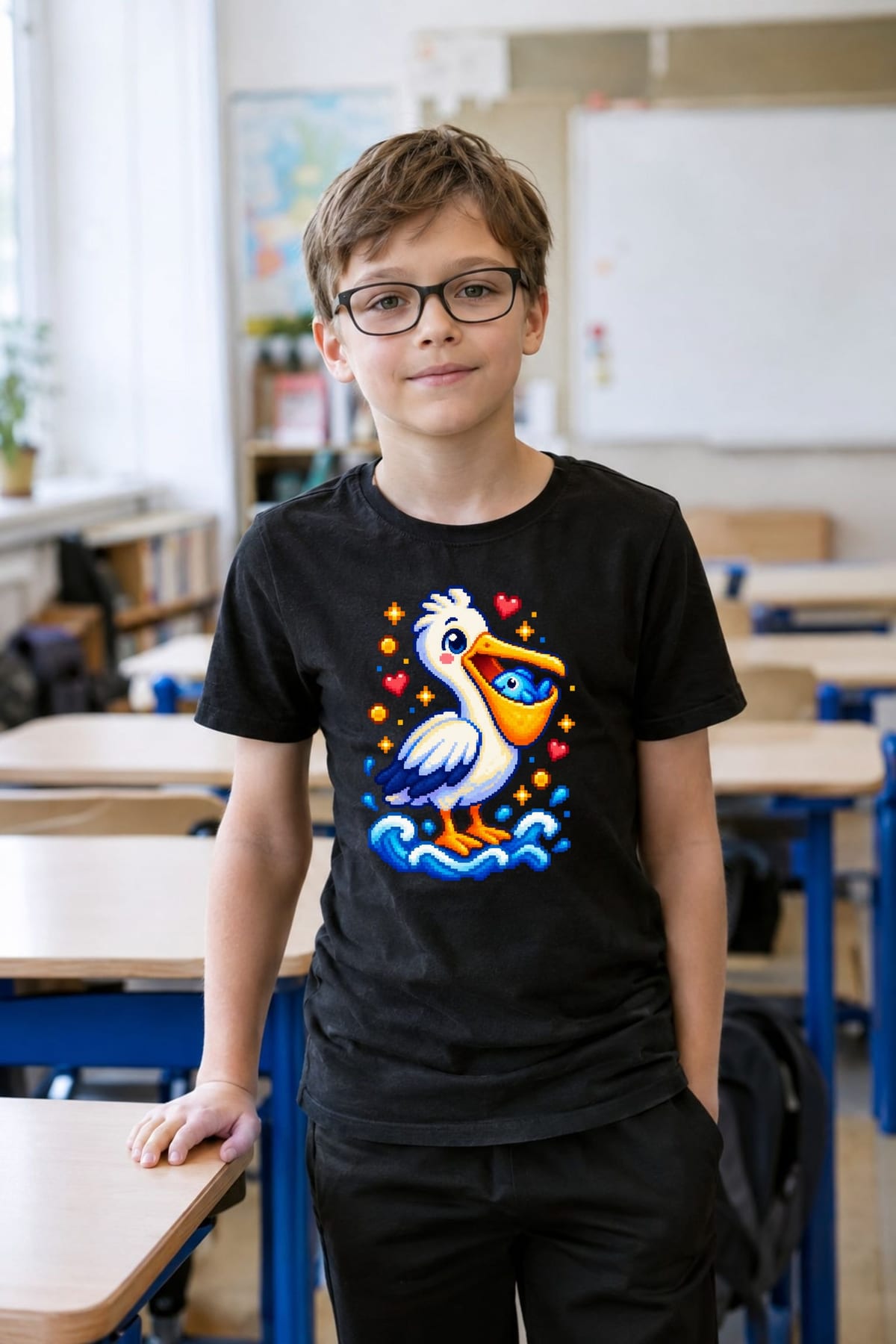 Koszulka z pelikanem pixel art dla chłopca czarna blokowy styl, zdjęcie 6