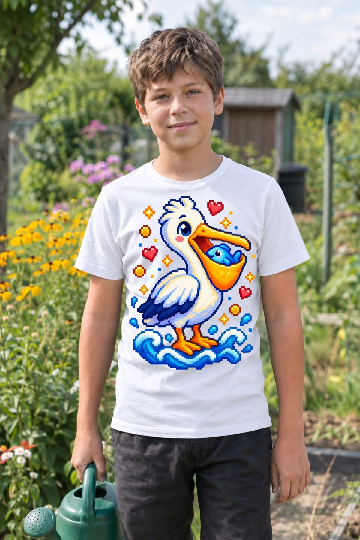 Koszulka z pelikanem pixel art dla chłopca biała blokowy styl, zdjęcie 6