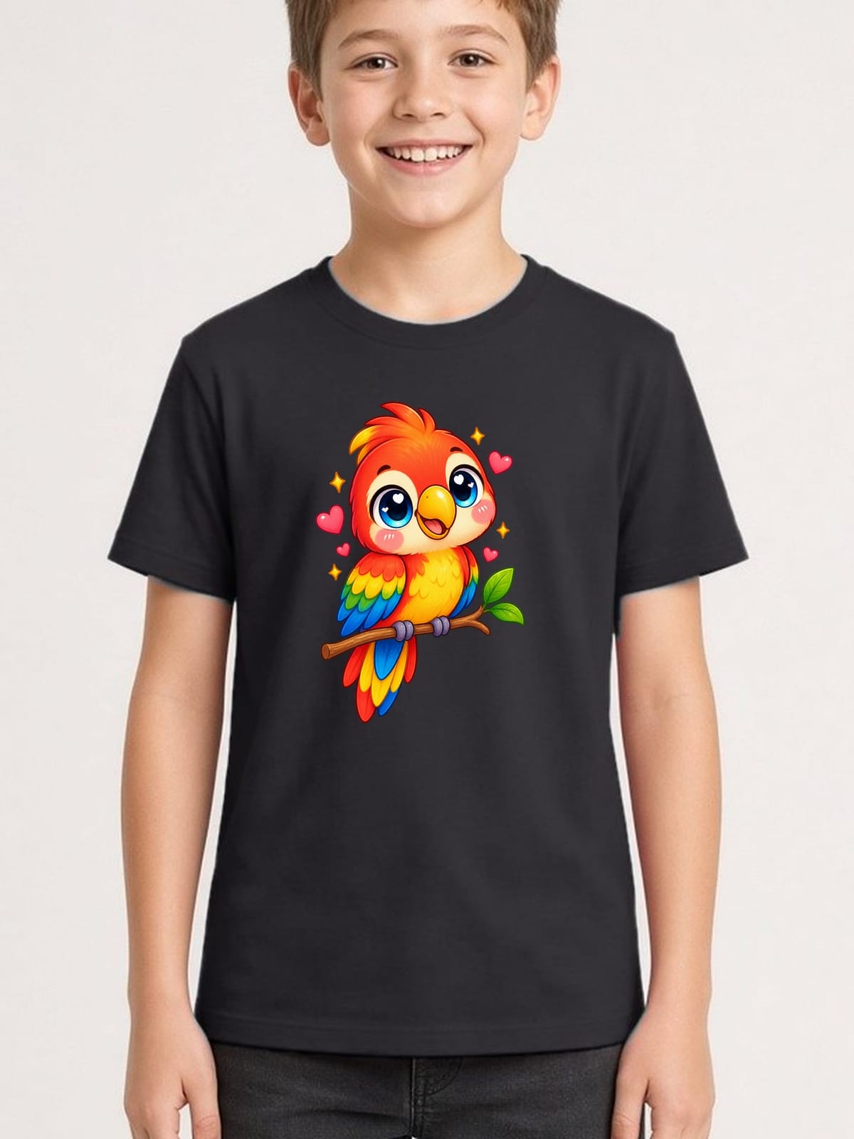 Koszulka z papugą dla chłopca czarna słodki styl kawaii, zdjęcie 1