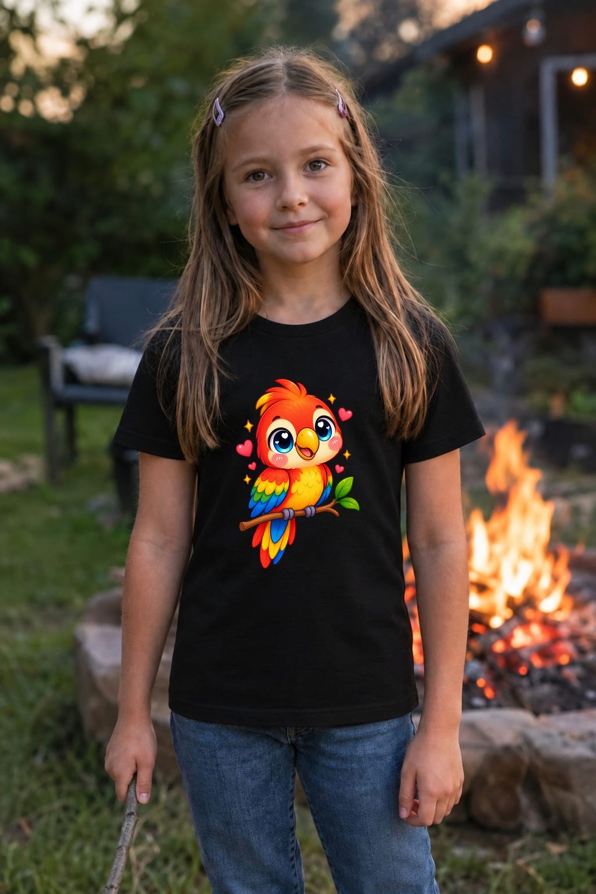 Koszulka z papugą dla dziewczynki czarna słodki styl kawaii, zdjęcie 3