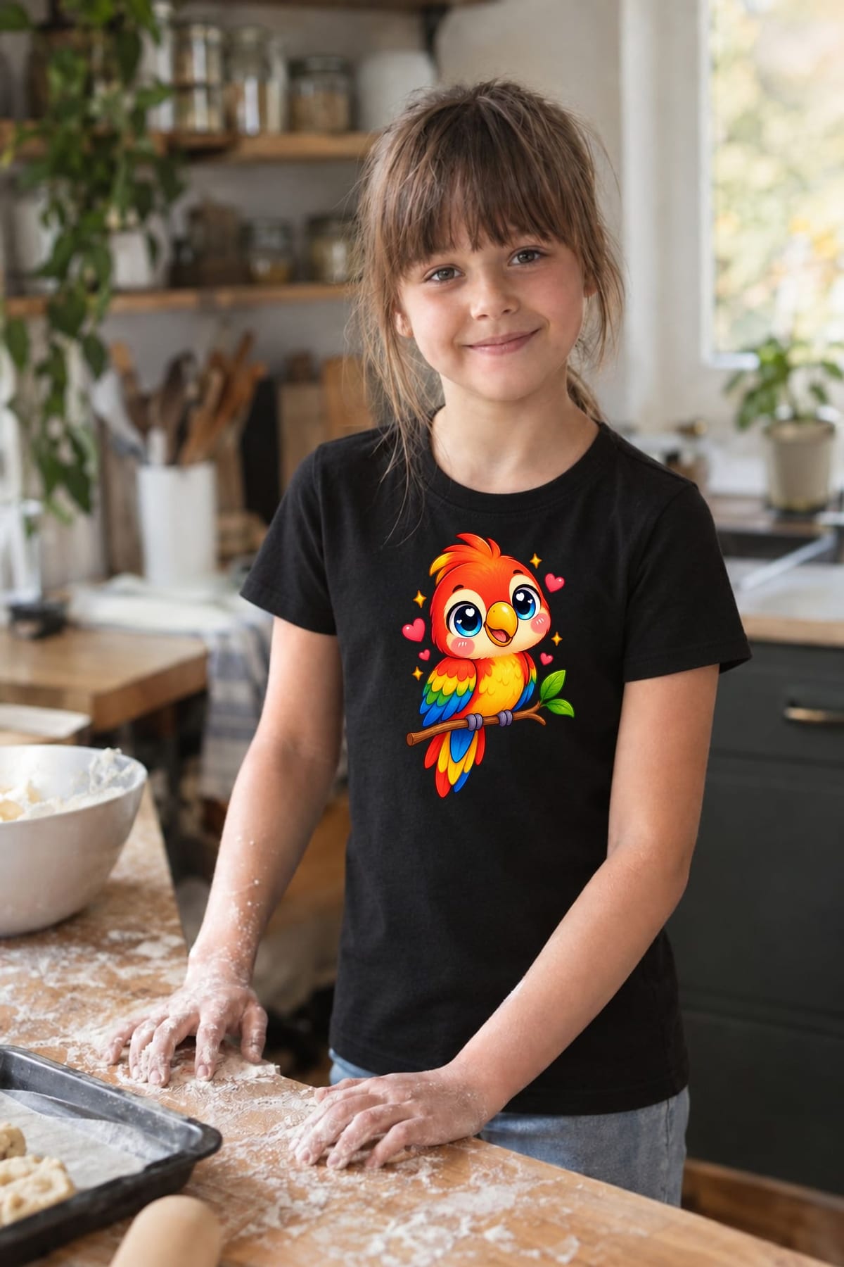 Koszulka z papugą dla dziewczynki czarna słodki styl kawaii, zdjęcie 6