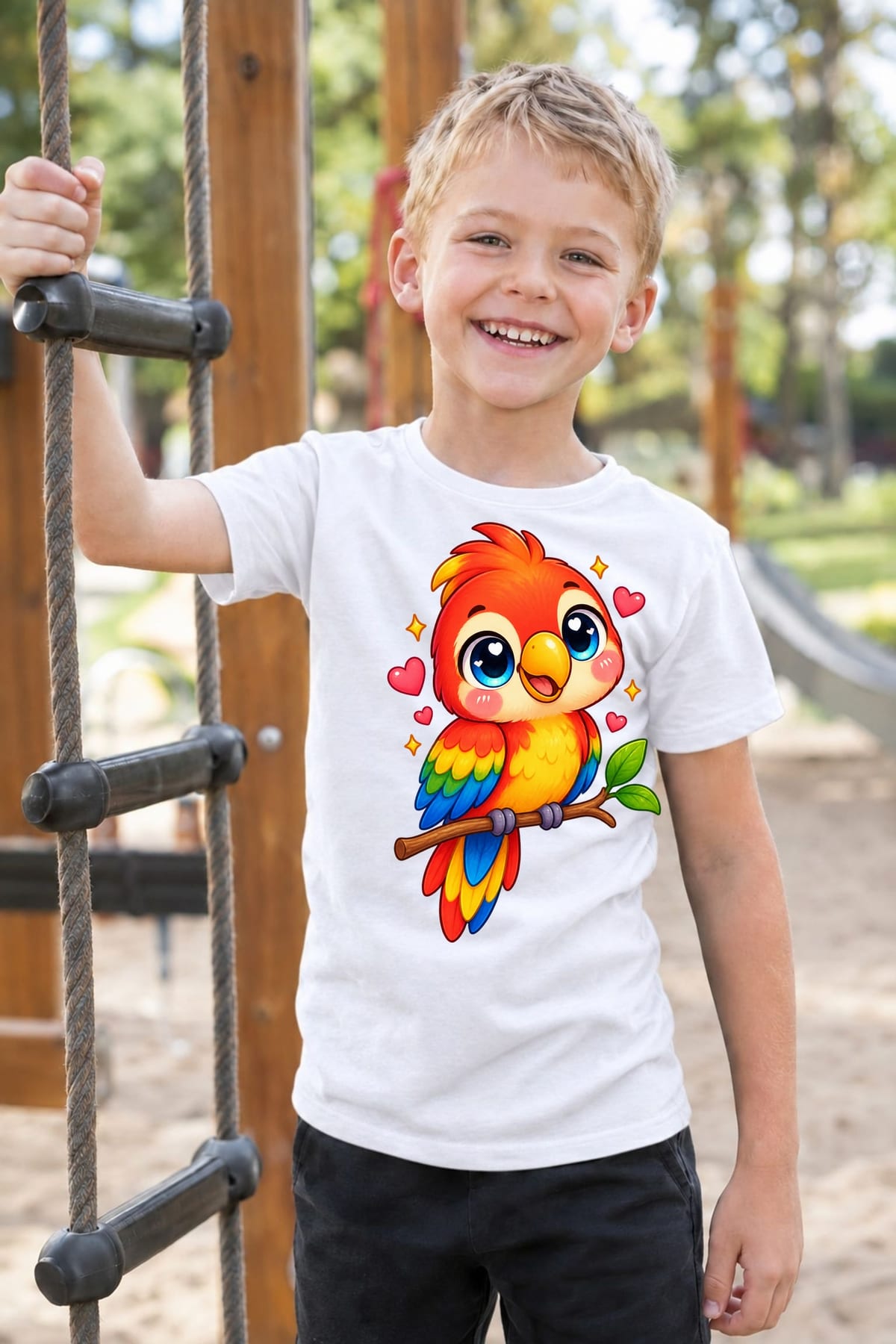 Koszulka z papugą dla chłopca biała słodki styl kawaii, zdjęcie 3