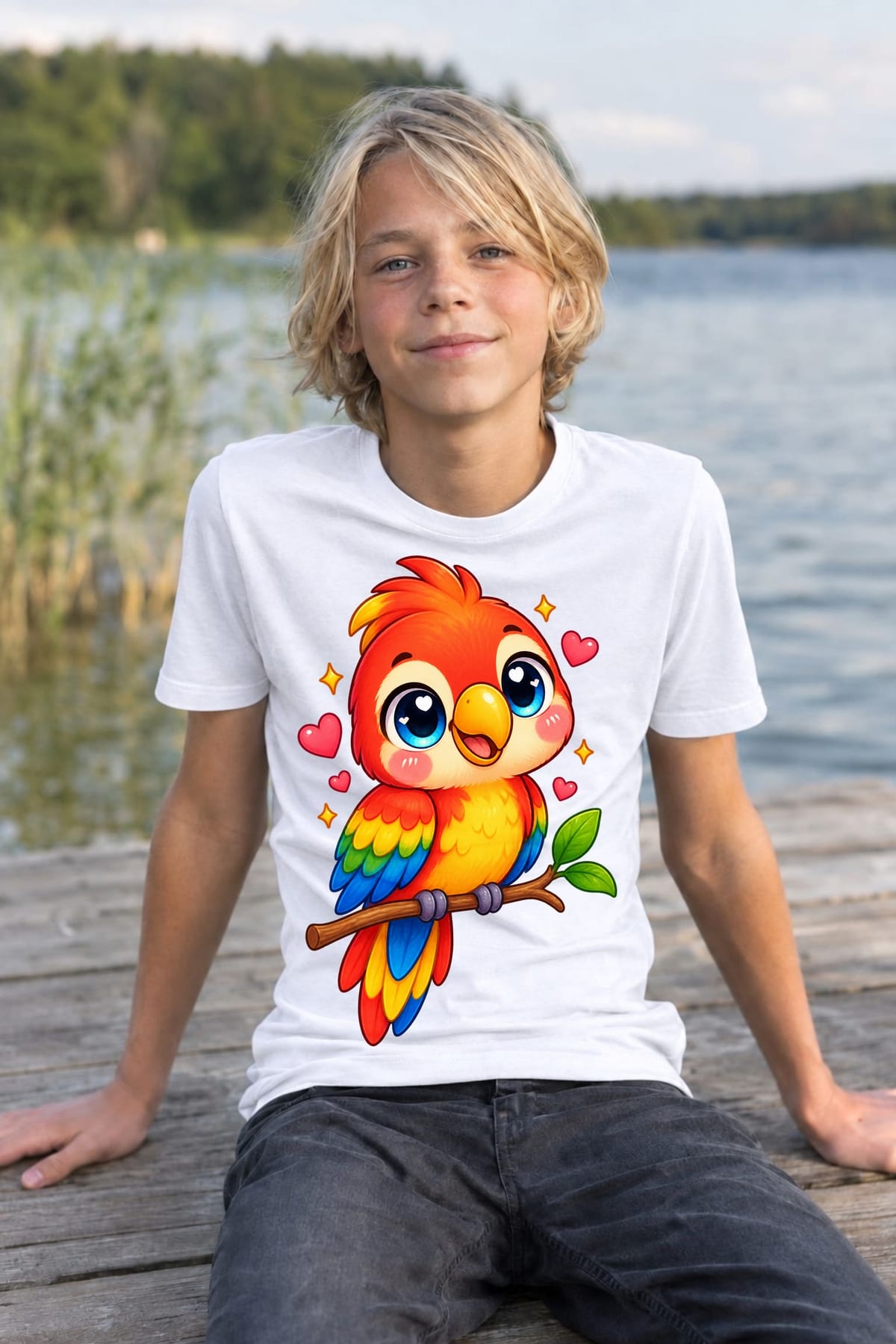 Koszulka z papugą dla chłopca biała słodki styl kawaii, zdjęcie 4