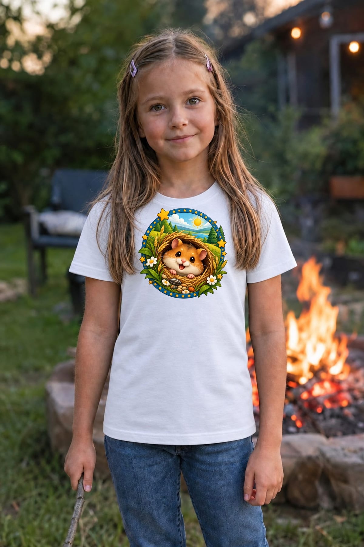 Koszulka z chomikiem dla dziewczynki biała okrągła odznaka, zdjęcie 6