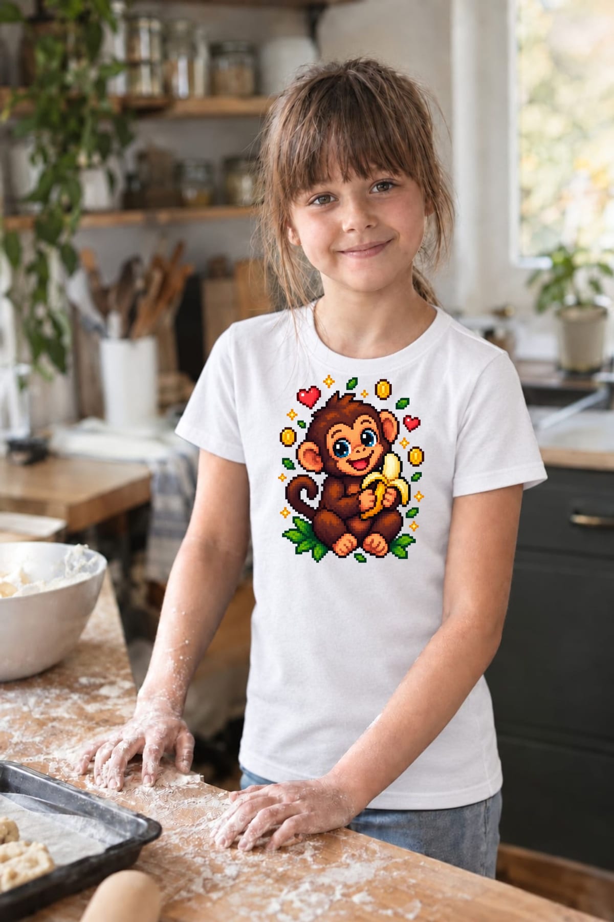 Koszulka z małpką dla dziecka dla dziewczynki biała pixel art, zdjęcie 4