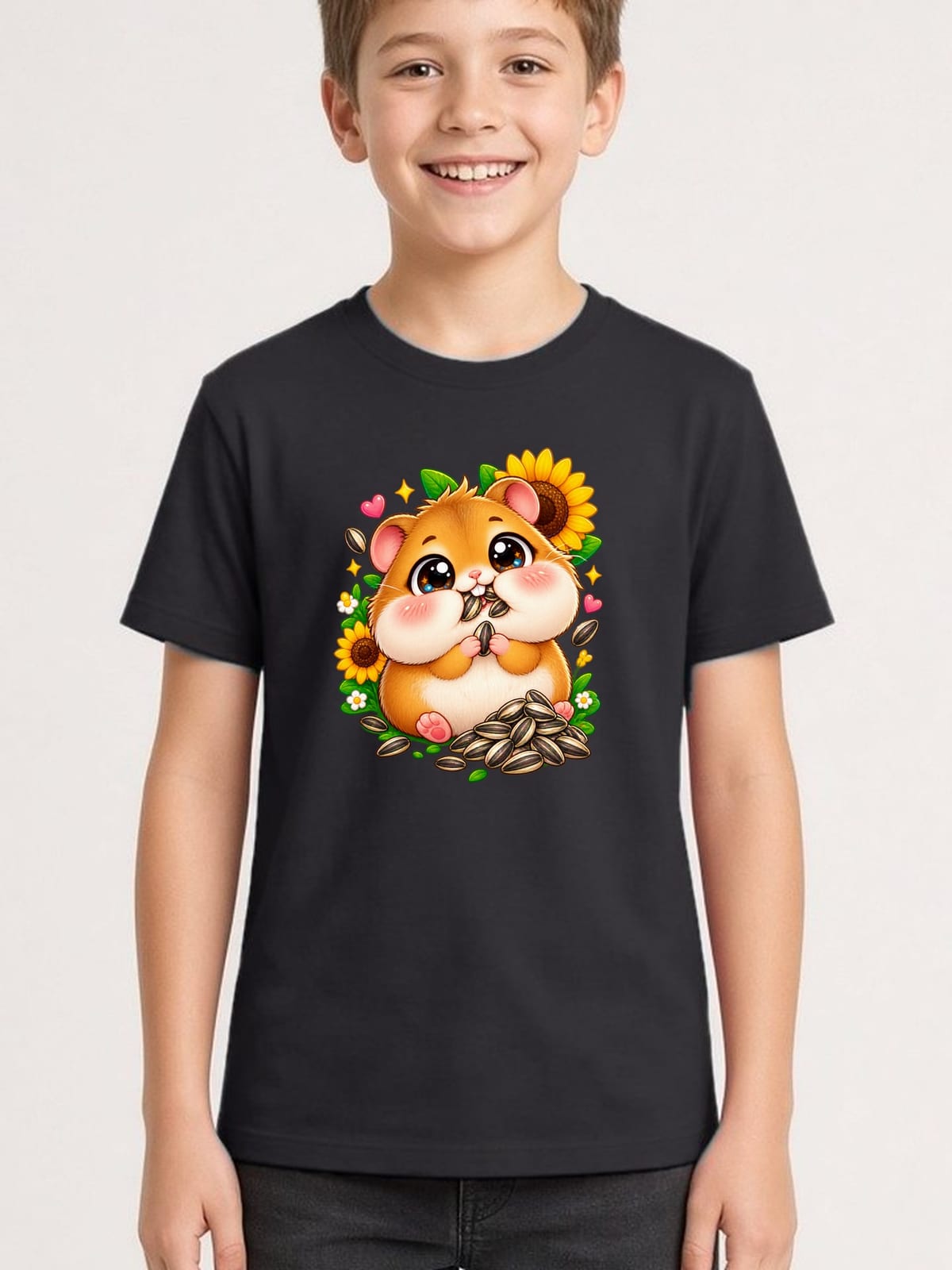 Koszulka dla chłopca z chomikiem czarna słodki styl kawaii, zdjęcie 1