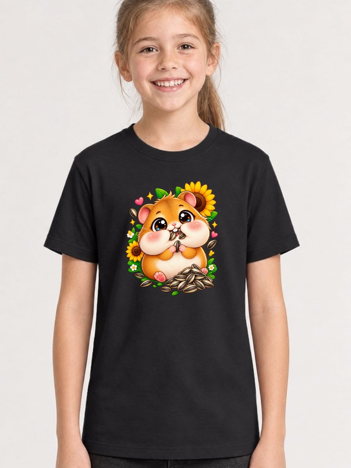 Koszulka dla dziewczynki z chomikiem czarna słodki styl kawaii, zdjęcie 1