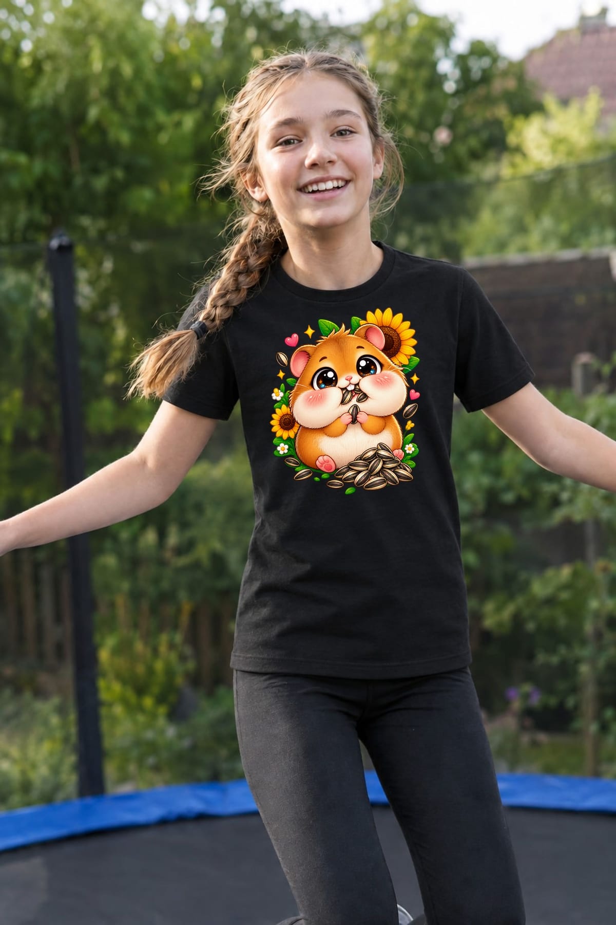 Koszulka dla dziewczynki z chomikiem czarna słodki styl kawaii, zdjęcie 3