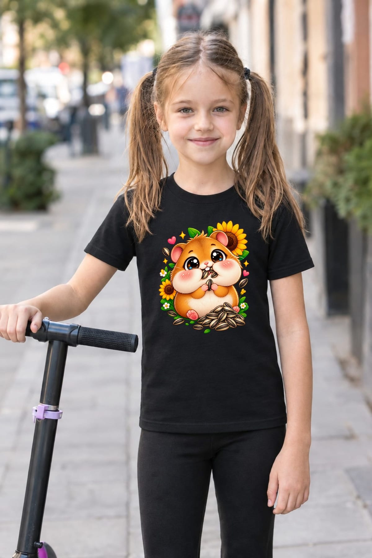Koszulka dla dziewczynki z chomikiem czarna słodki styl kawaii, zdjęcie 4