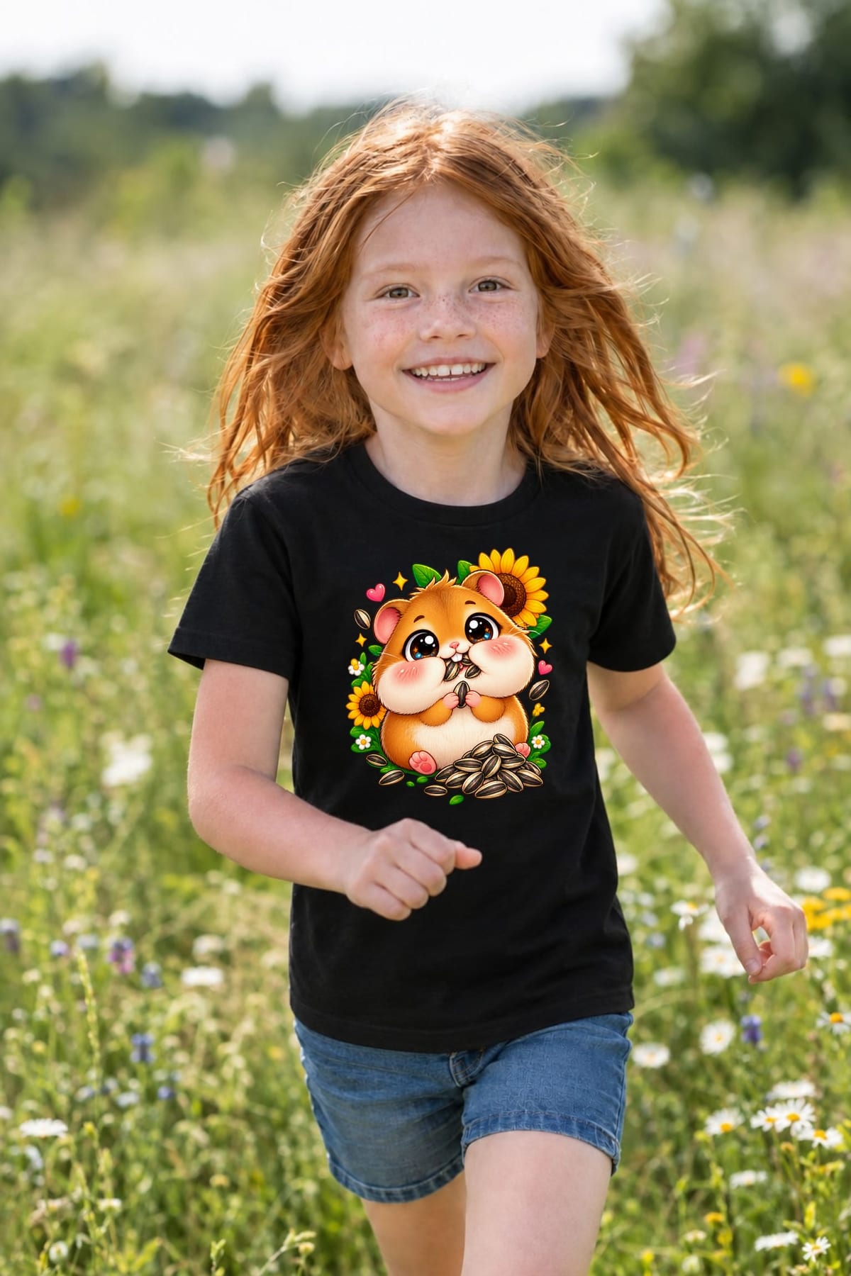 Koszulka dla dziewczynki z chomikiem czarna słodki styl kawaii, zdjęcie 6