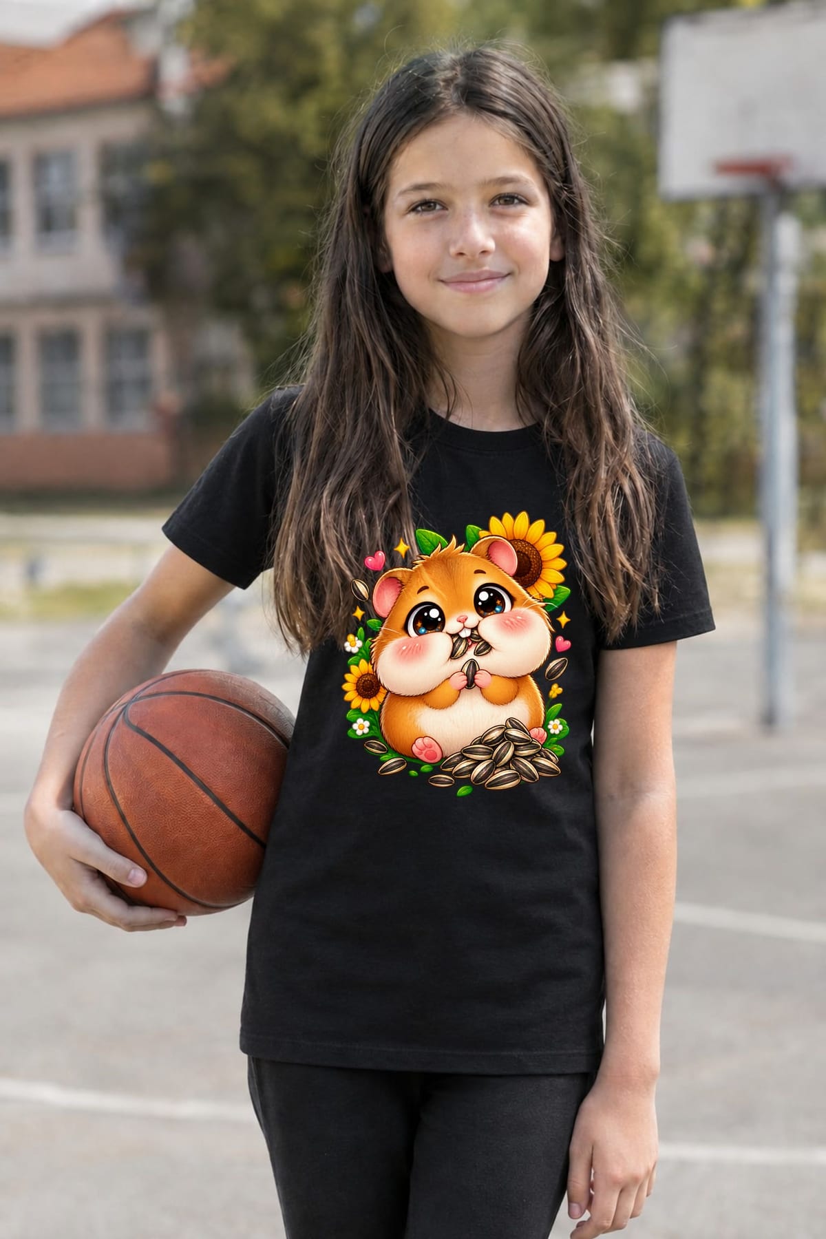 Koszulka dla dziewczynki z chomikiem czarna słodki styl kawaii, zdjęcie 7