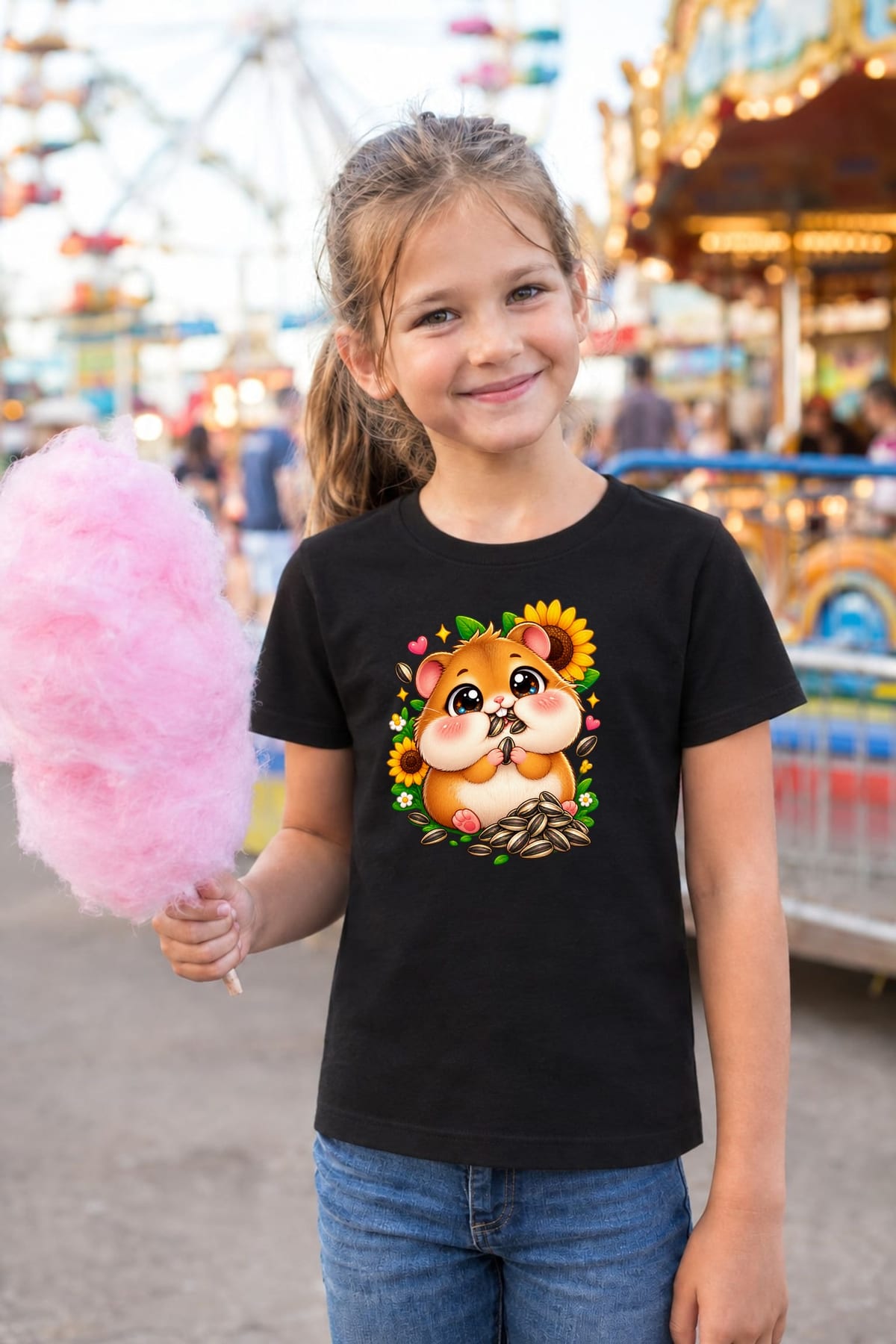 Koszulka dla dziewczynki z chomikiem czarna słodki styl kawaii, zdjęcie 8