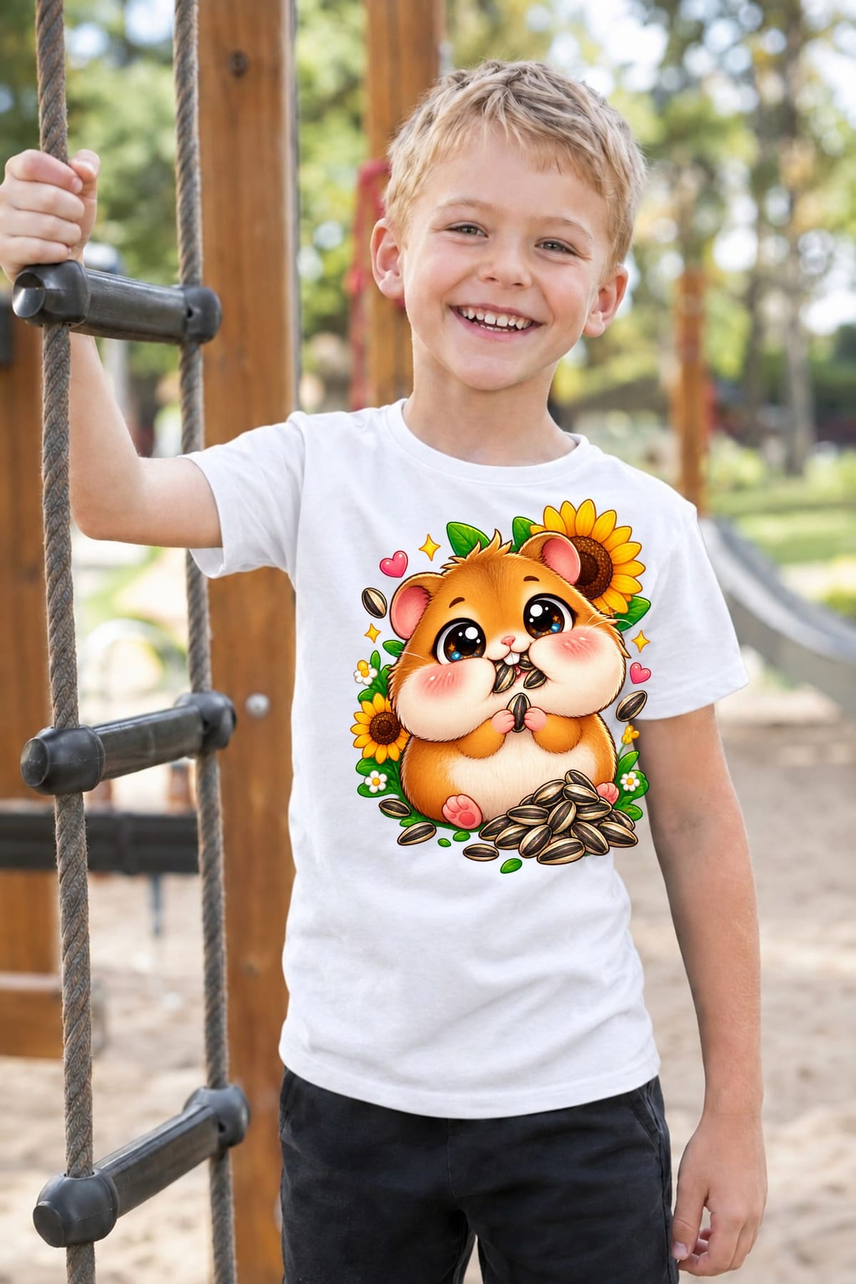 Koszulka dla chłopca z chomikiem biała słodki styl kawaii, zdjęcie 5