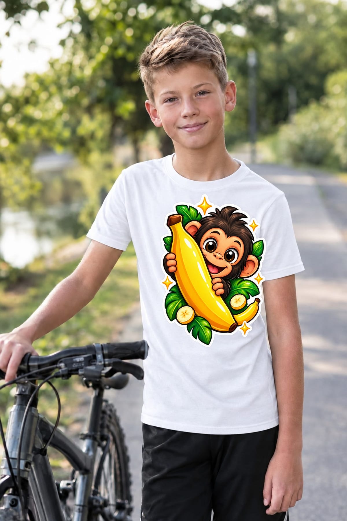 Koszulka z szympansem dla chłopca biała efekt naklejki, zdjęcie 3