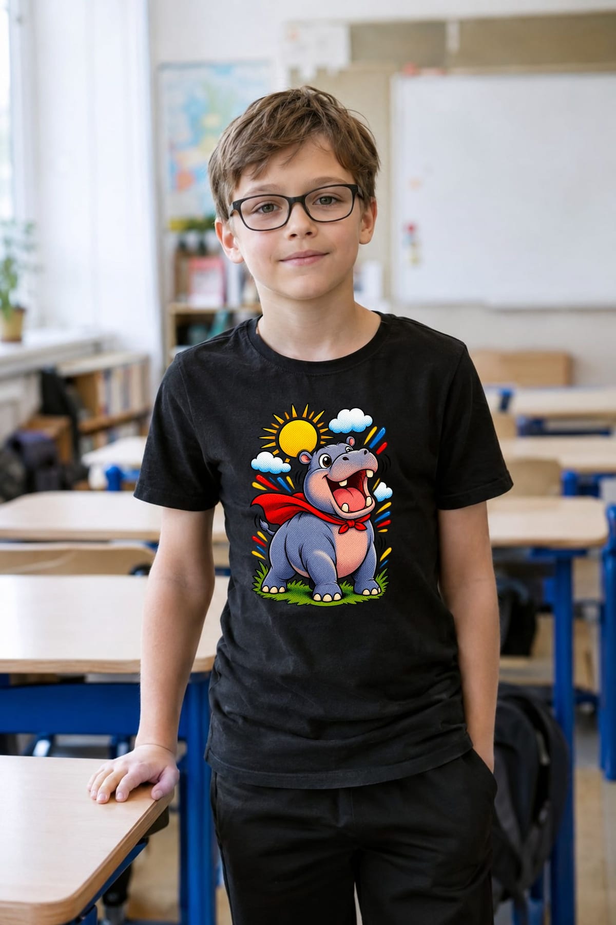 Koszulka z hipopotamem dla chłopca czarna w stylu komiksu, zdjęcie 5
