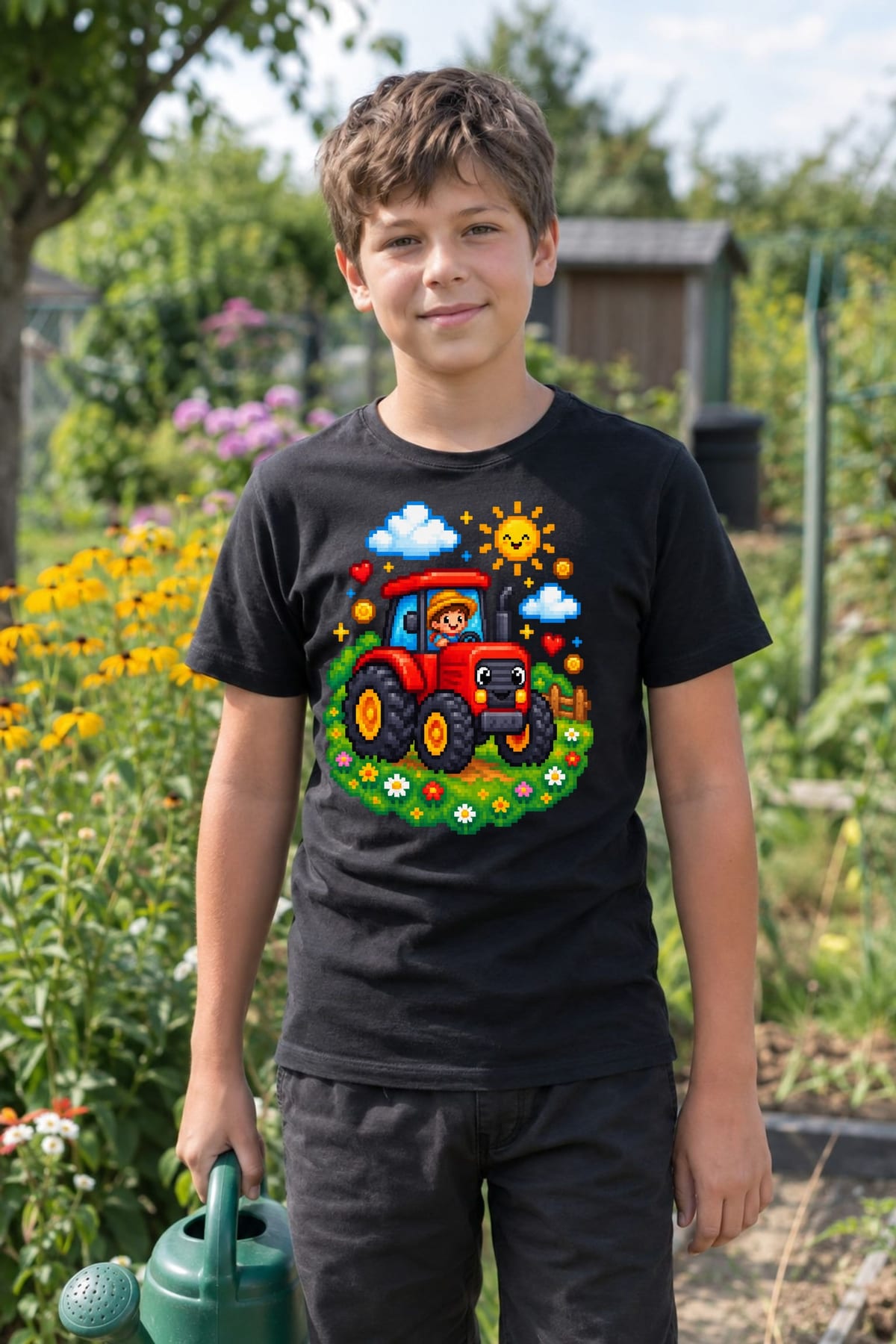 Koszulka dziecięca z ciągnikiem dla chłopca czarna pixel art, zdjęcie 3